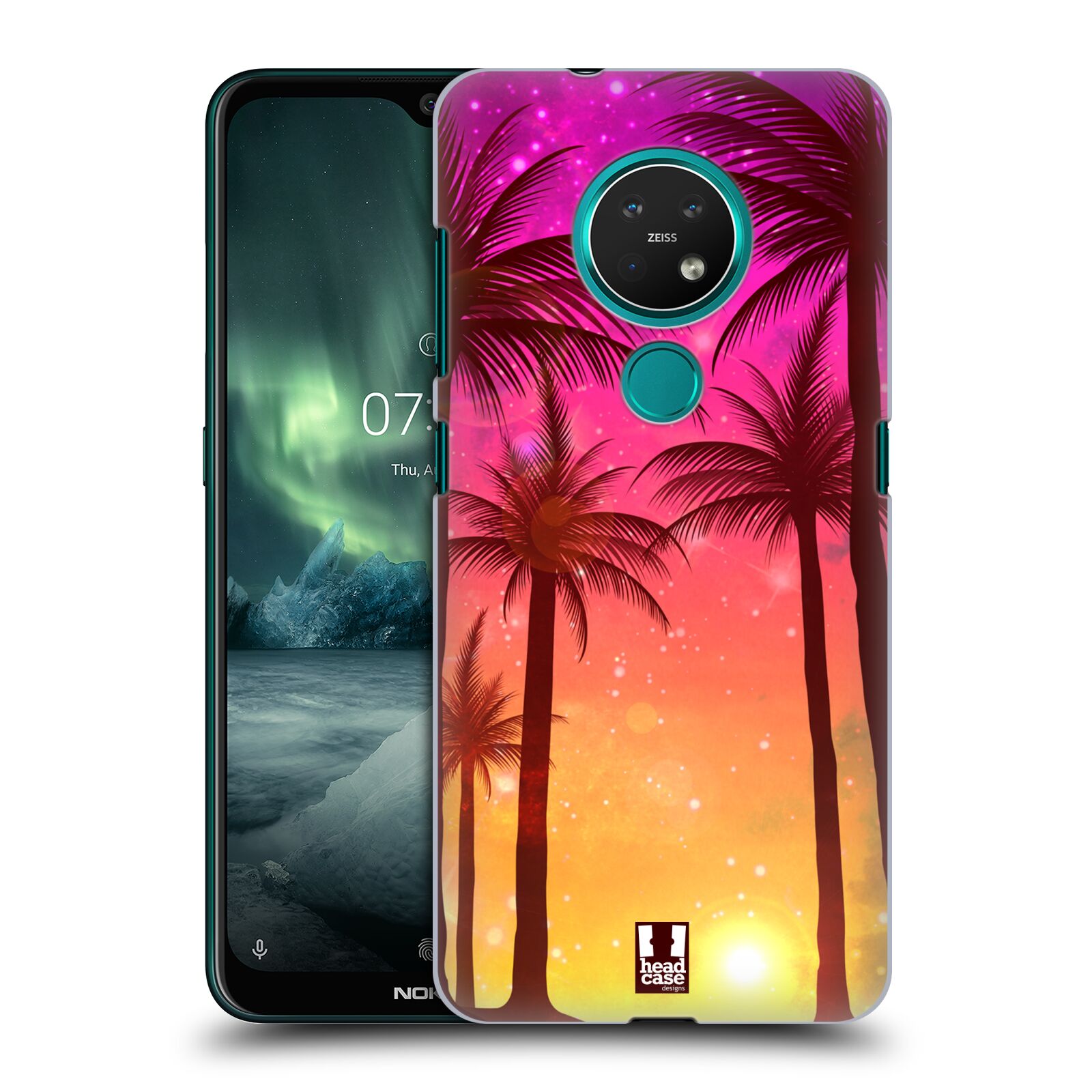Pouzdro na mobil NOKIA 7.2 - HEAD CASE - vzor Kreslený motiv silueta moře a palmy RŮŽOVÁ