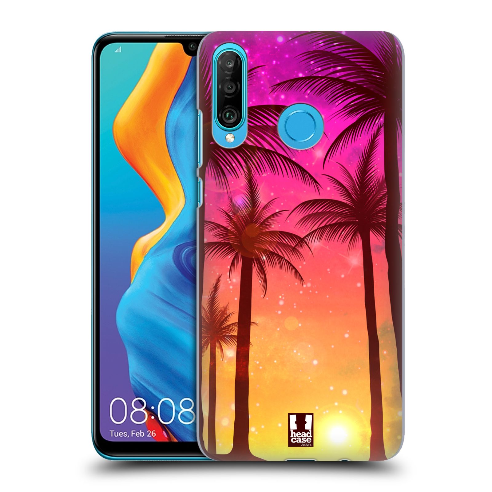 Pouzdro na mobil Huawei P30 LITE - HEAD CASE - vzor Kreslený motiv silueta moře a palmy RŮŽOVÁ