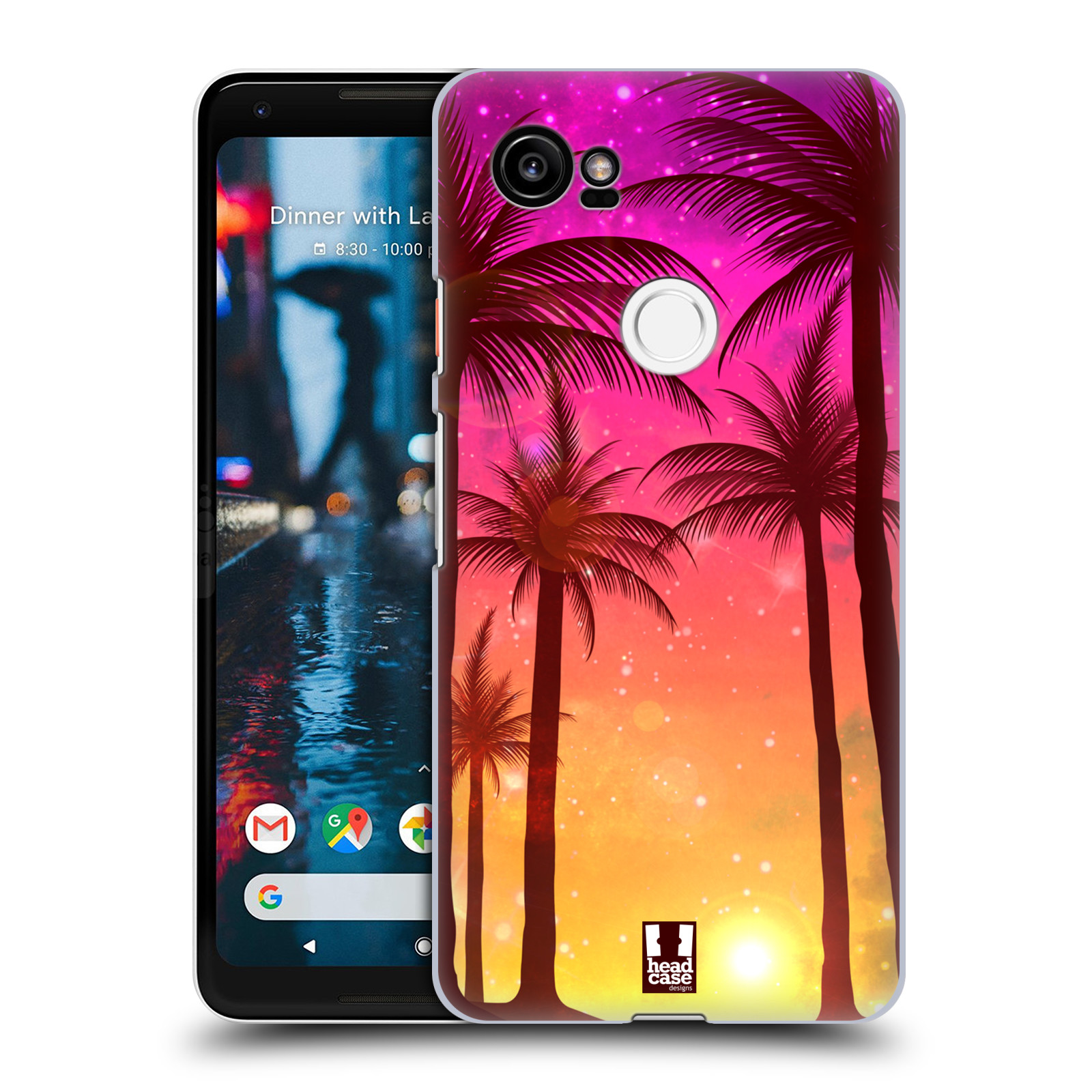HEAD CASE plastový obal na mobil Google Pixel 2 XL vzor Kreslený motiv silueta moře a palmy RŮŽOVÁ