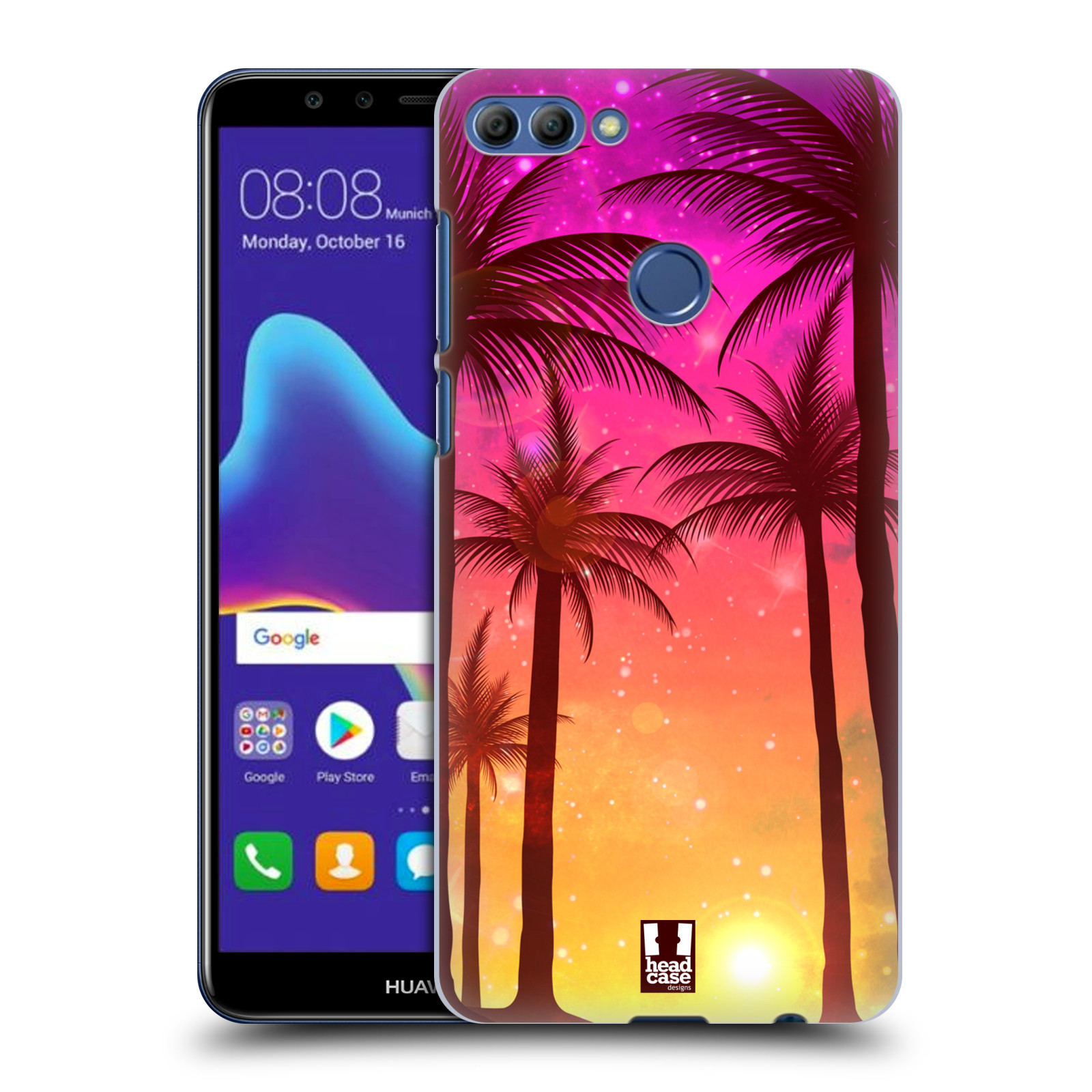 HEAD CASE plastový obal na mobil Huawei Y9 2018 vzor Kreslený motiv silueta moře a palmy RŮŽOVÁ