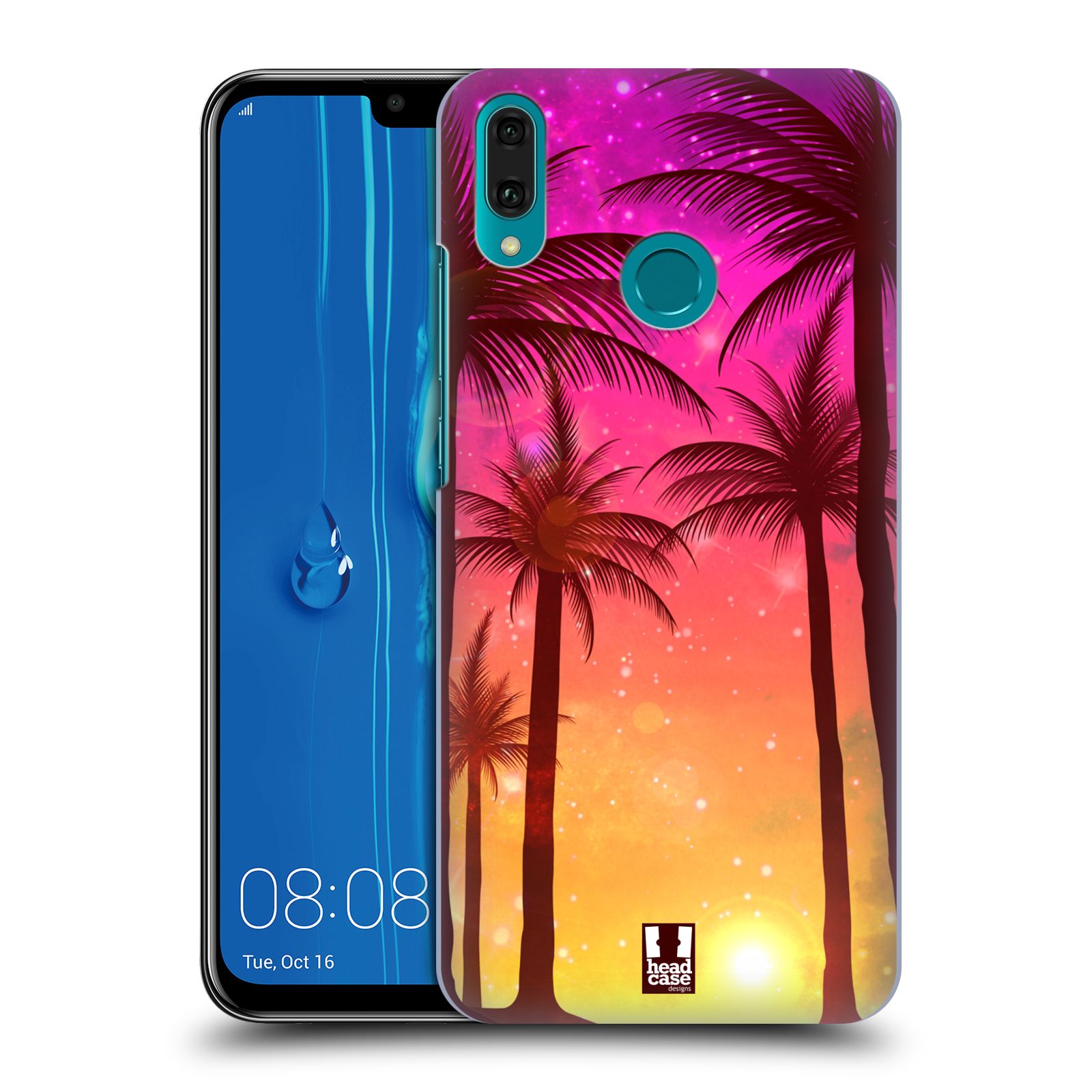 Pouzdro na mobil Huawei Y9 2019 - HEAD CASE - vzor Kreslený motiv silueta moře a palmy RŮŽOVÁ