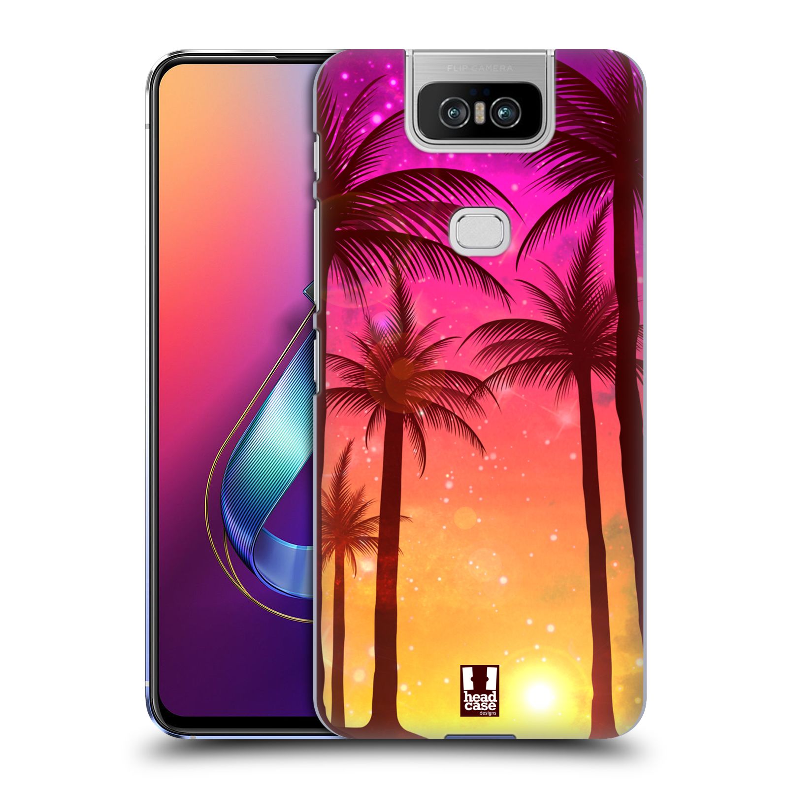 Pouzdro na mobil Asus Zenfone 6 ZS630KL - HEAD CASE - vzor Kreslený motiv silueta moře a palmy RŮŽOVÁ