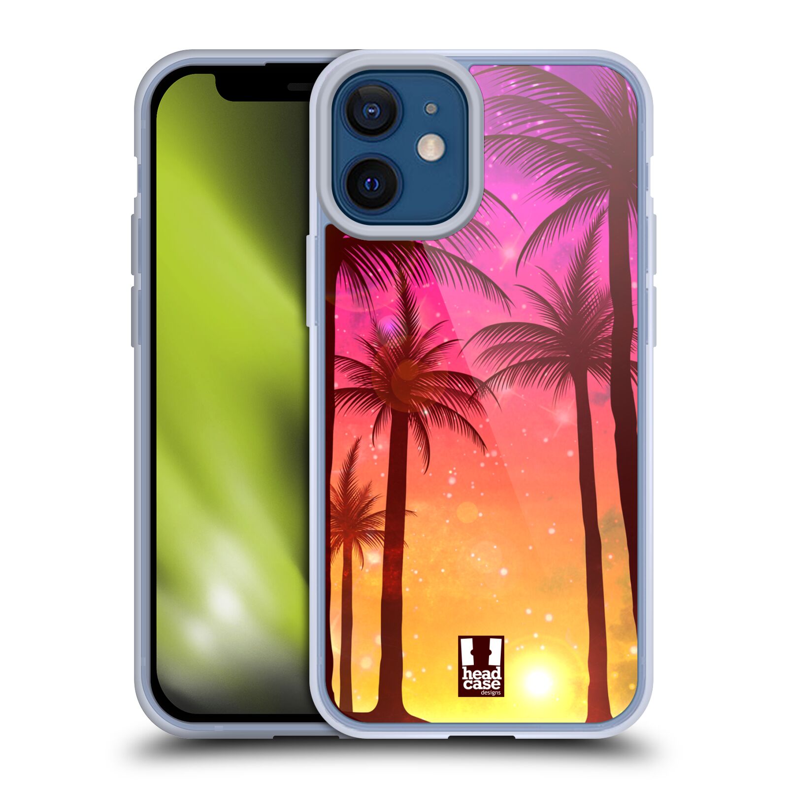 Plastový obal na mobil Apple Iphone 12 MINI vzor Kreslený motiv silueta moře a palmy RŮŽOVÁ