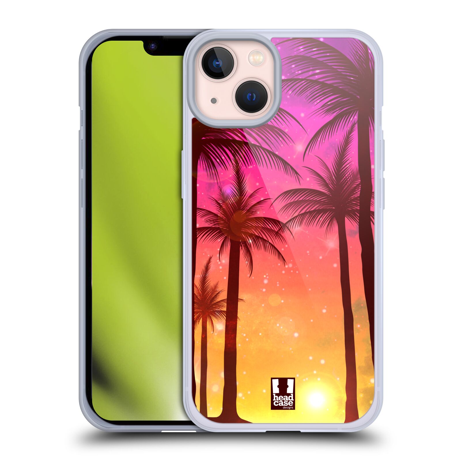 Plastový obal HEAD CASE na mobil Apple Iphone 13 vzor Kreslený motiv silueta moře a palmy RŮŽOVÁ