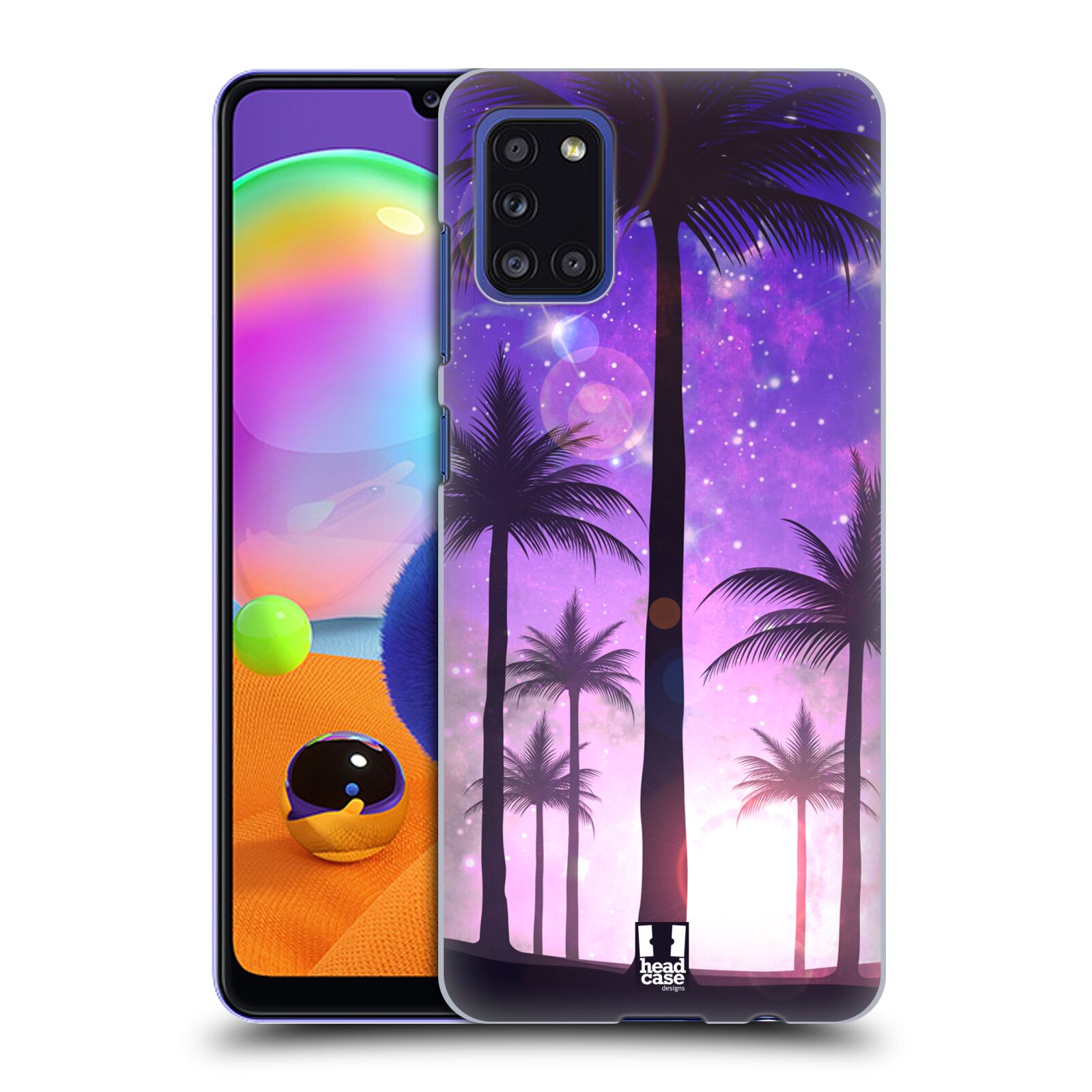 Zadní kryt na mobil Samsung Galaxy A31 vzor Kreslený motiv silueta moře a palmy FIALOVÁ
