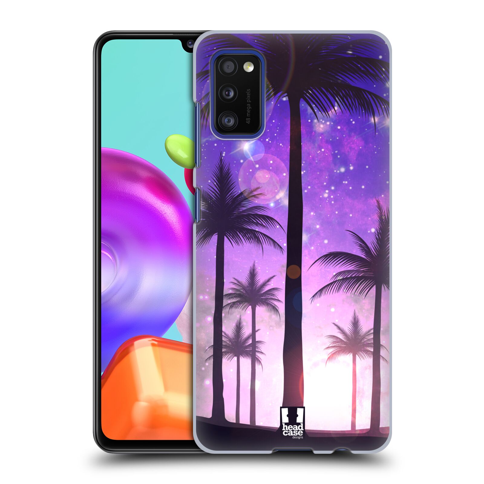 Zadní kryt na mobil Samsung Galaxy A41 vzor Kreslený motiv silueta moře a palmy FIALOVÁ