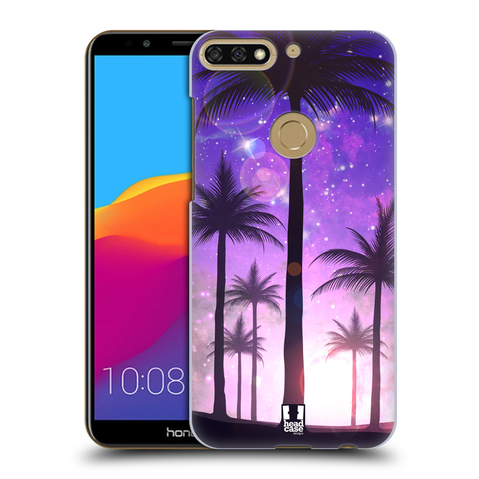 HEAD CASE plastový obal na mobil Honor 7c vzor Kreslený motiv silueta moře a palmy FIALOVÁ