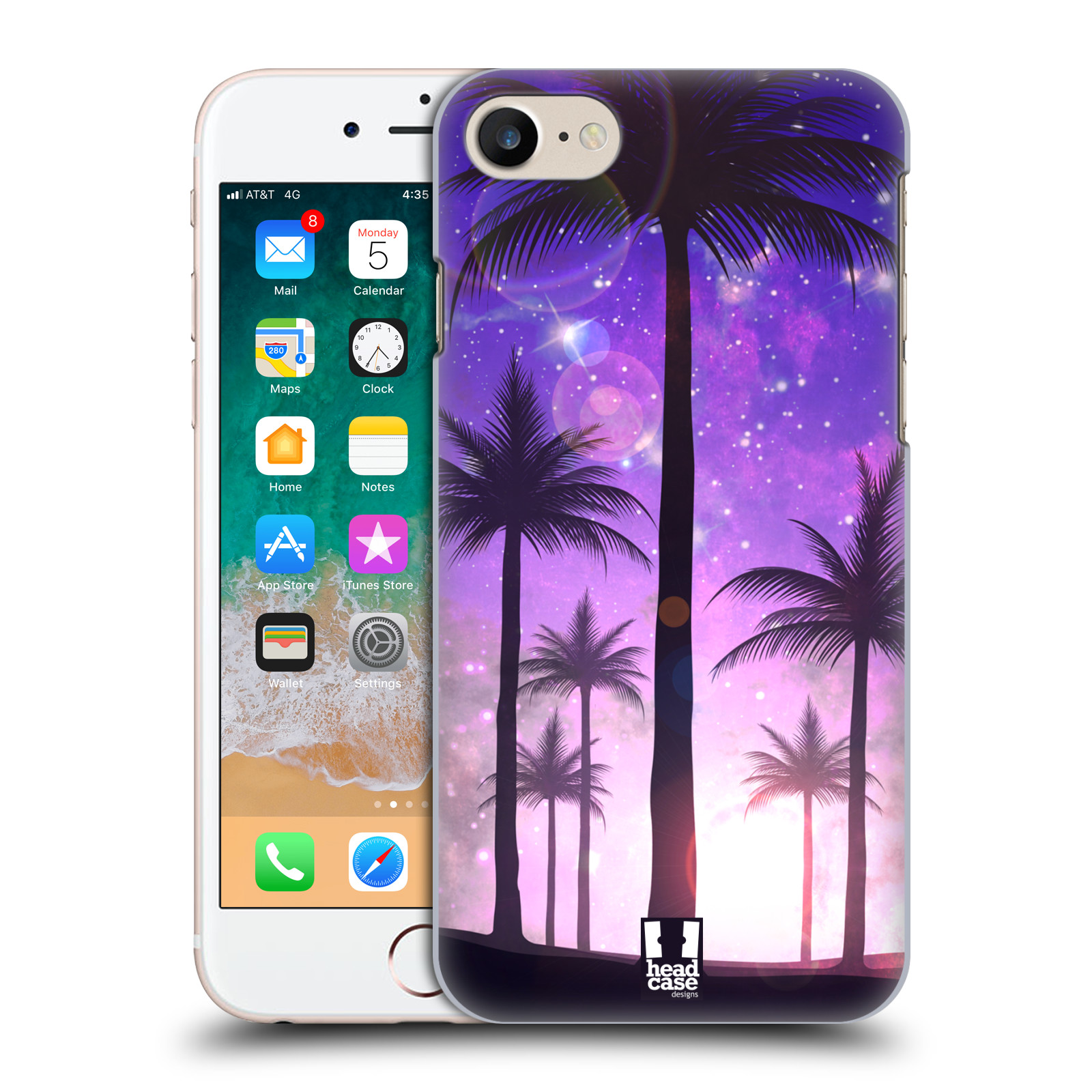 HEAD CASE plastový obal na mobil Apple Iphone 7 vzor Kreslený motiv silueta moře a palmy FIALOVÁ
