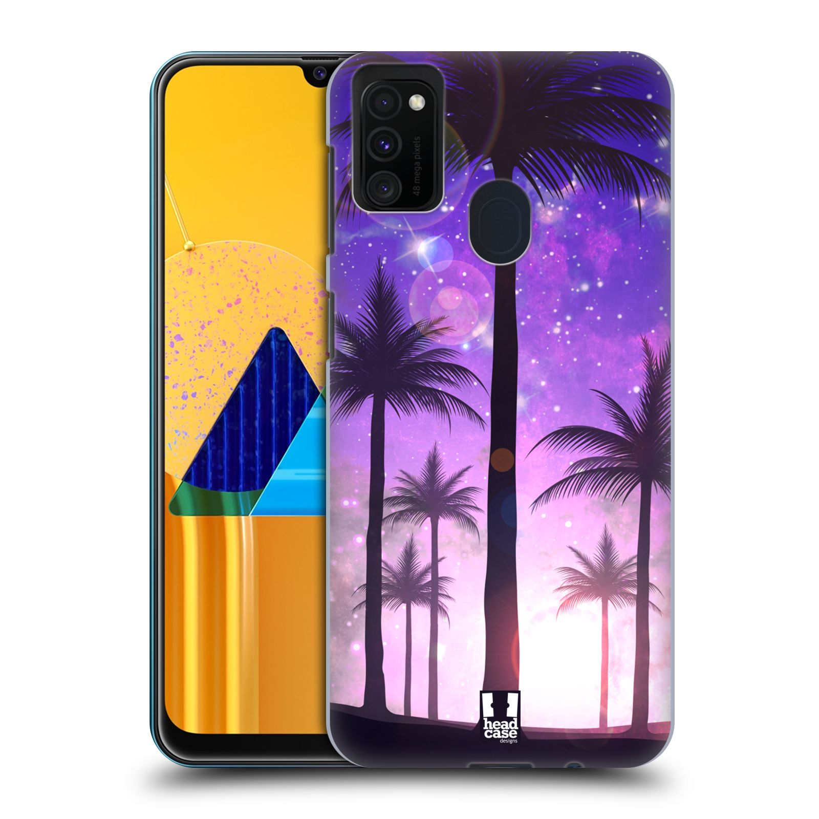 Zadní kryt na mobil Samsung Galaxy M21 vzor Kreslený motiv silueta moře a palmy FIALOVÁ