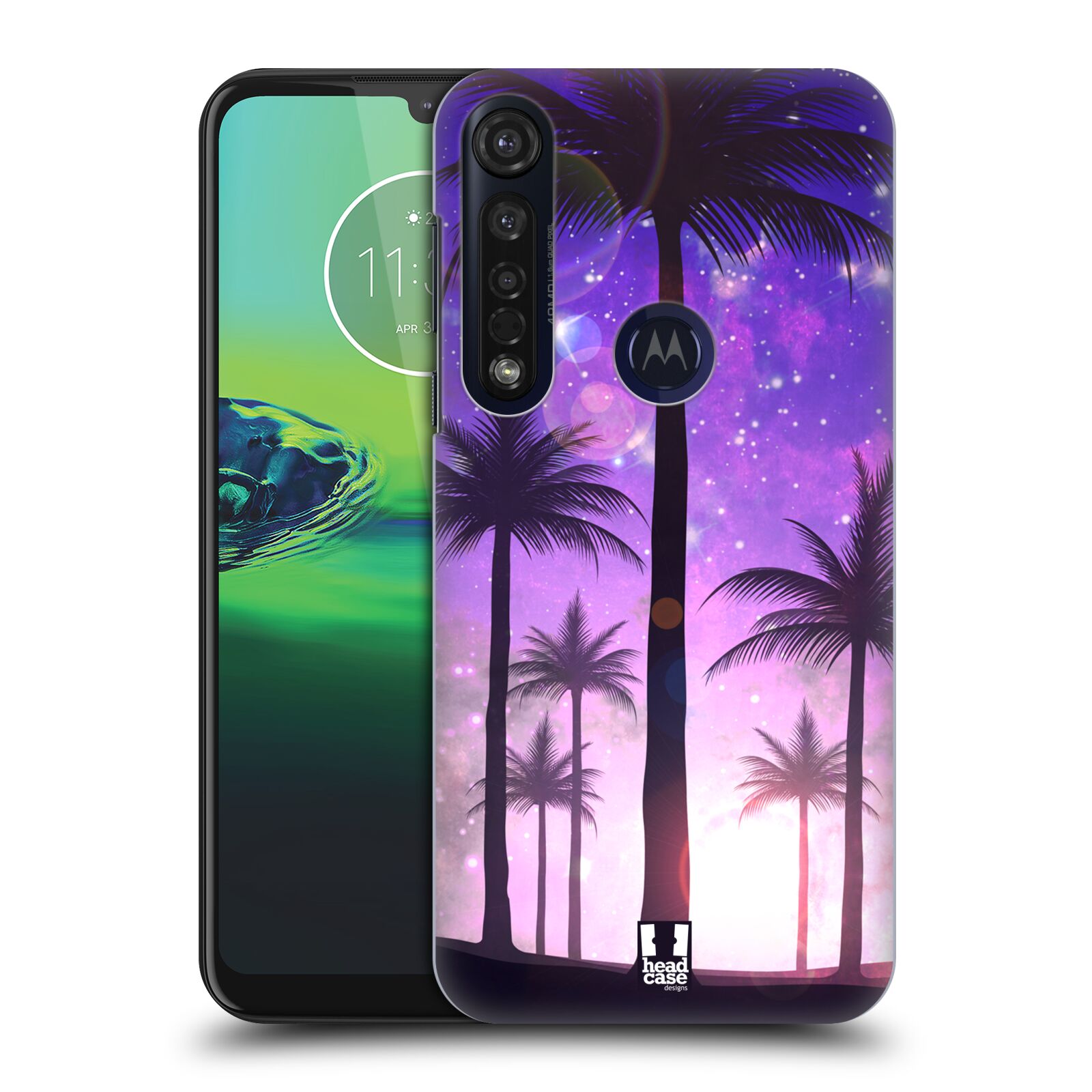 Pouzdro na mobil Motorola Moto G8 PLUS - HEAD CASE - vzor Kreslený motiv silueta moře a palmy FIALOVÁ