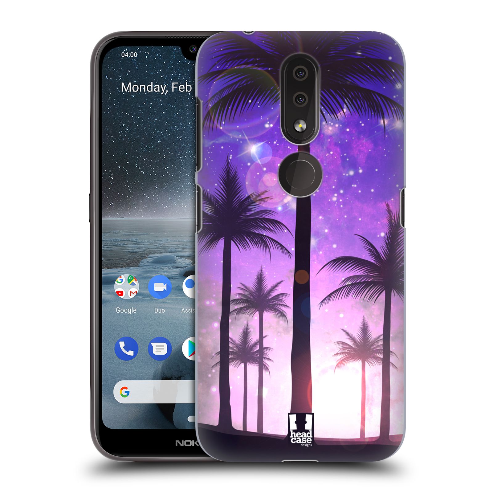 Pouzdro na mobil Nokia 4.2 - HEAD CASE - vzor Kreslený motiv silueta moře a palmy FIALOVÁ
