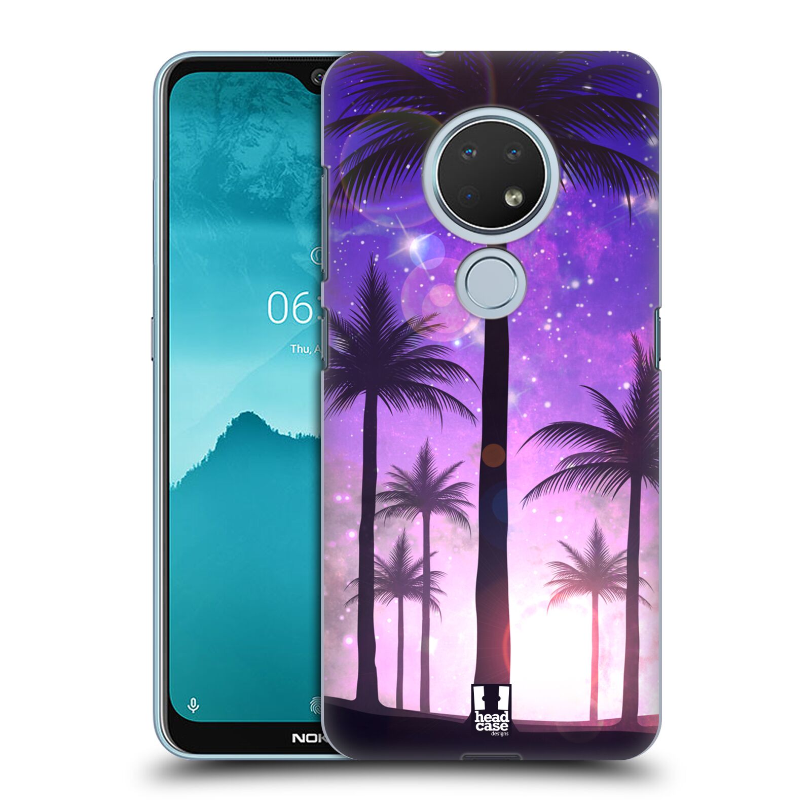 Pouzdro na mobil Nokia 6.2 - HEAD CASE - vzor Kreslený motiv silueta moře a palmy FIALOVÁ