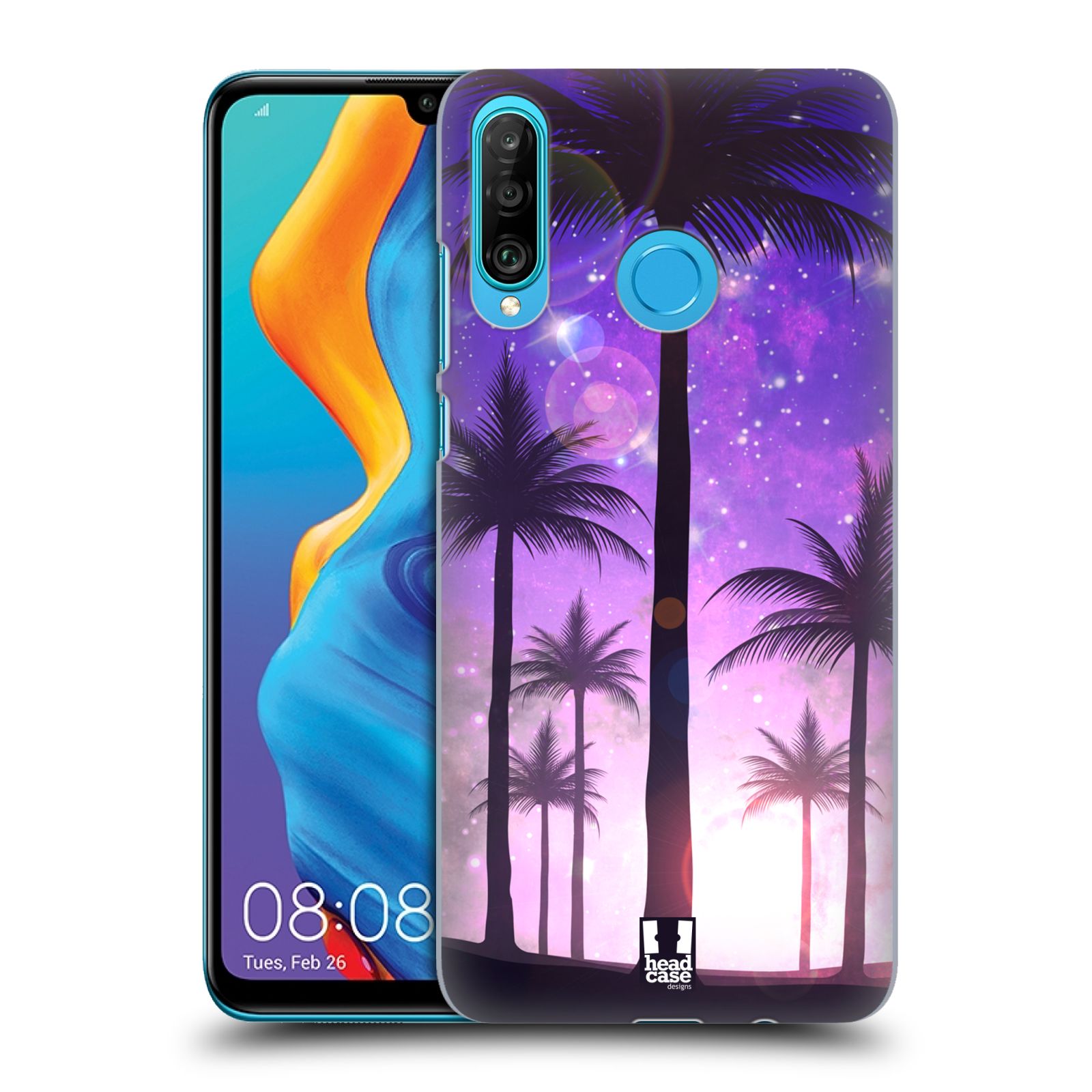 Pouzdro na mobil Huawei P30 LITE - HEAD CASE - vzor Kreslený motiv silueta moře a palmy FIALOVÁ