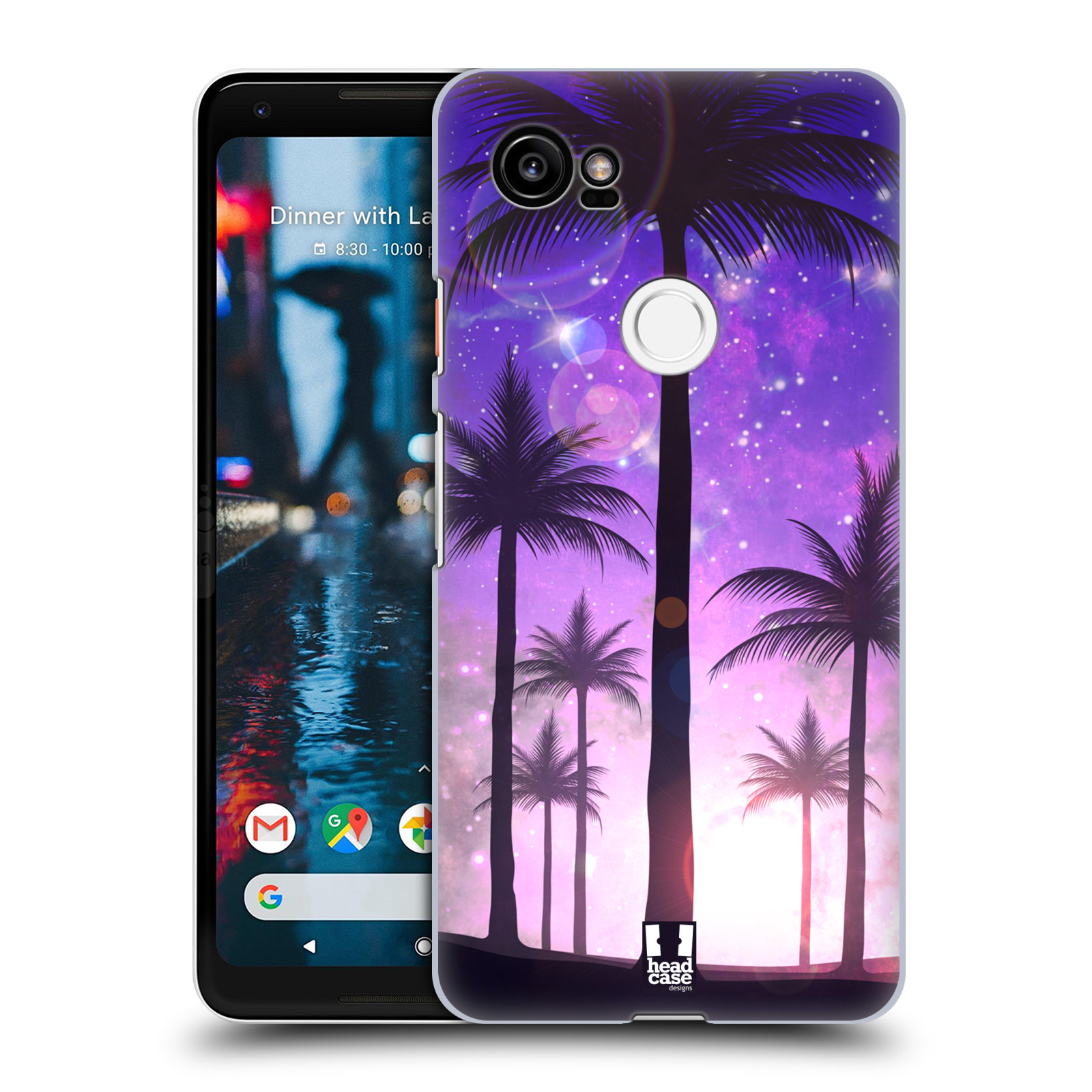 HEAD CASE plastový obal na mobil Google Pixel 2 XL vzor Kreslený motiv silueta moře a palmy FIALOVÁ