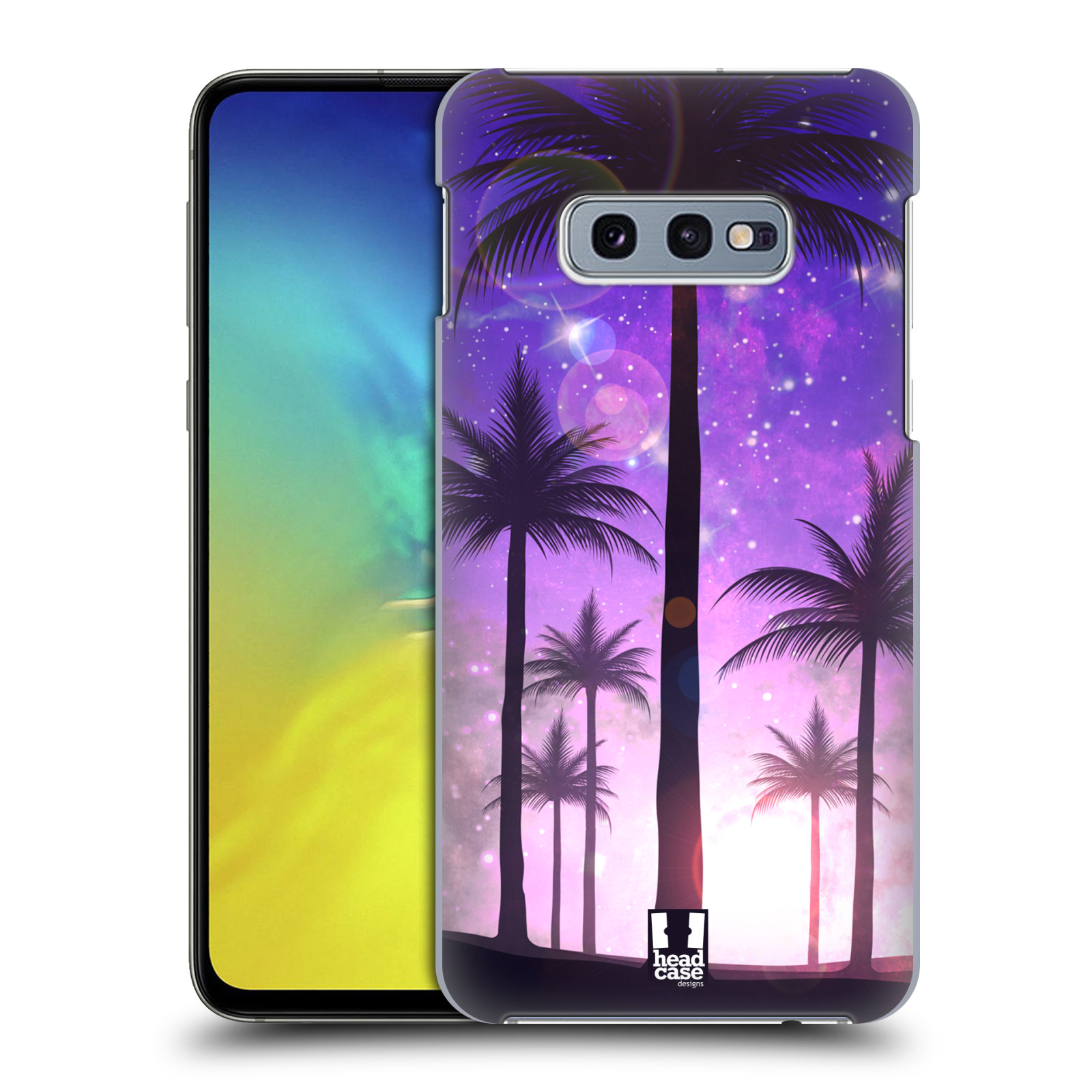 Pouzdro na mobil Samsung Galaxy S10e - HEAD CASE - vzor Kreslený motiv silueta moře a palmy FIALOVÁ