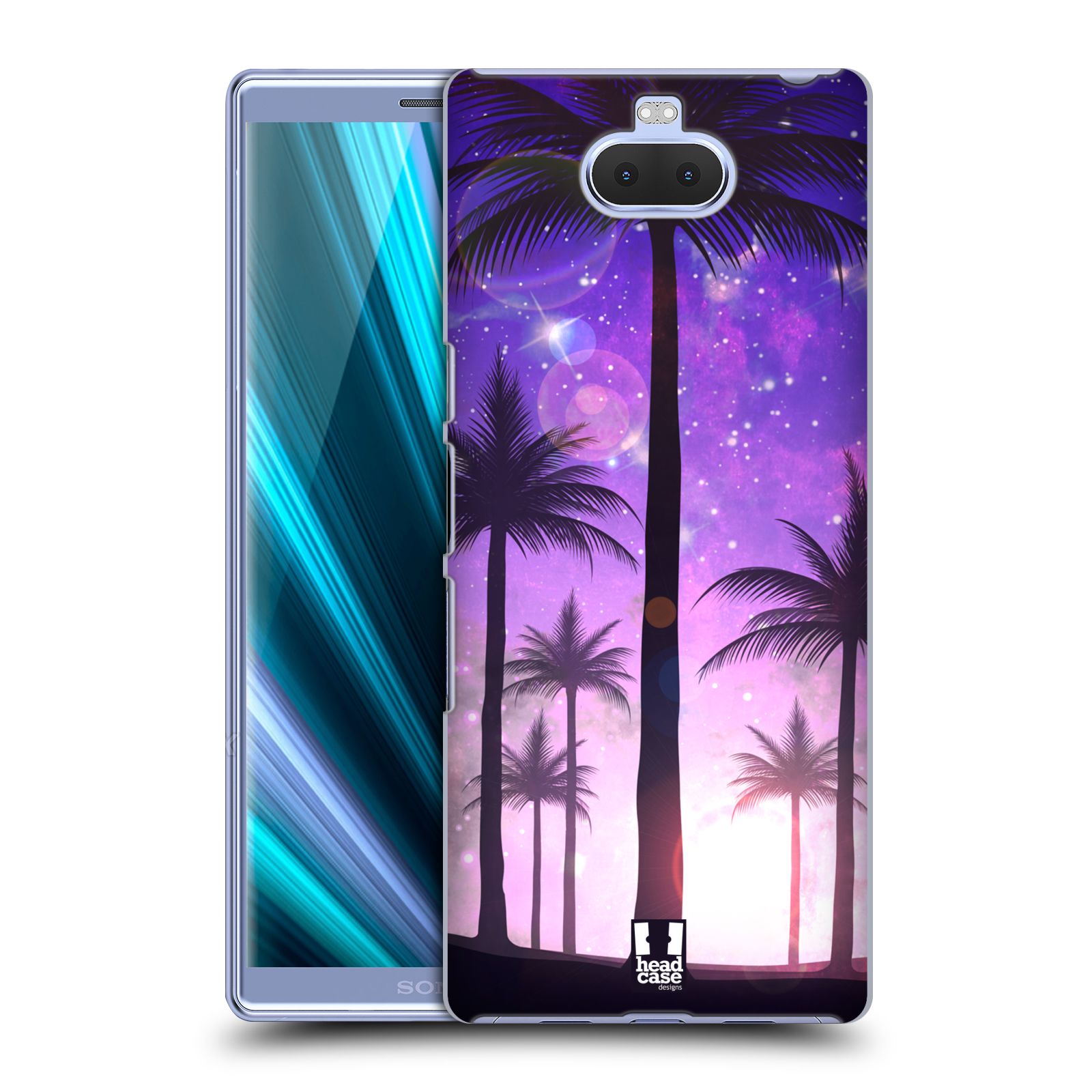 Pouzdro na mobil Sony Xperia 10 - Head Case - vzor Kreslený motiv silueta moře a palmy FIALOVÁ