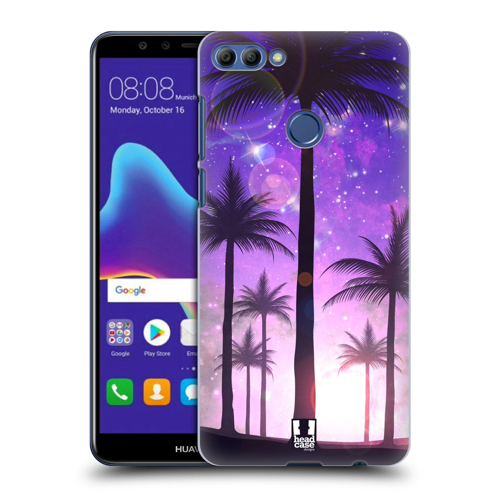 HEAD CASE plastový obal na mobil Huawei Y9 2018 vzor Kreslený motiv silueta moře a palmy FIALOVÁ