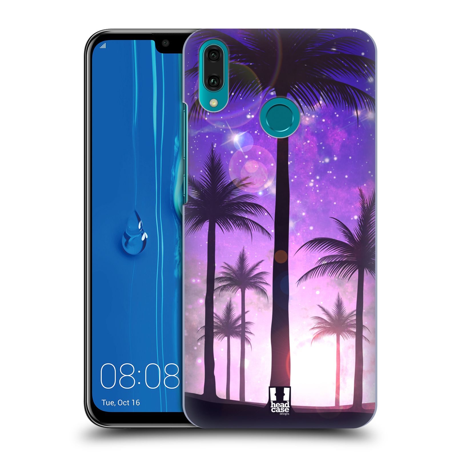 Pouzdro na mobil Huawei Y9 2019 - HEAD CASE - vzor Kreslený motiv silueta moře a palmy FIALOVÁ