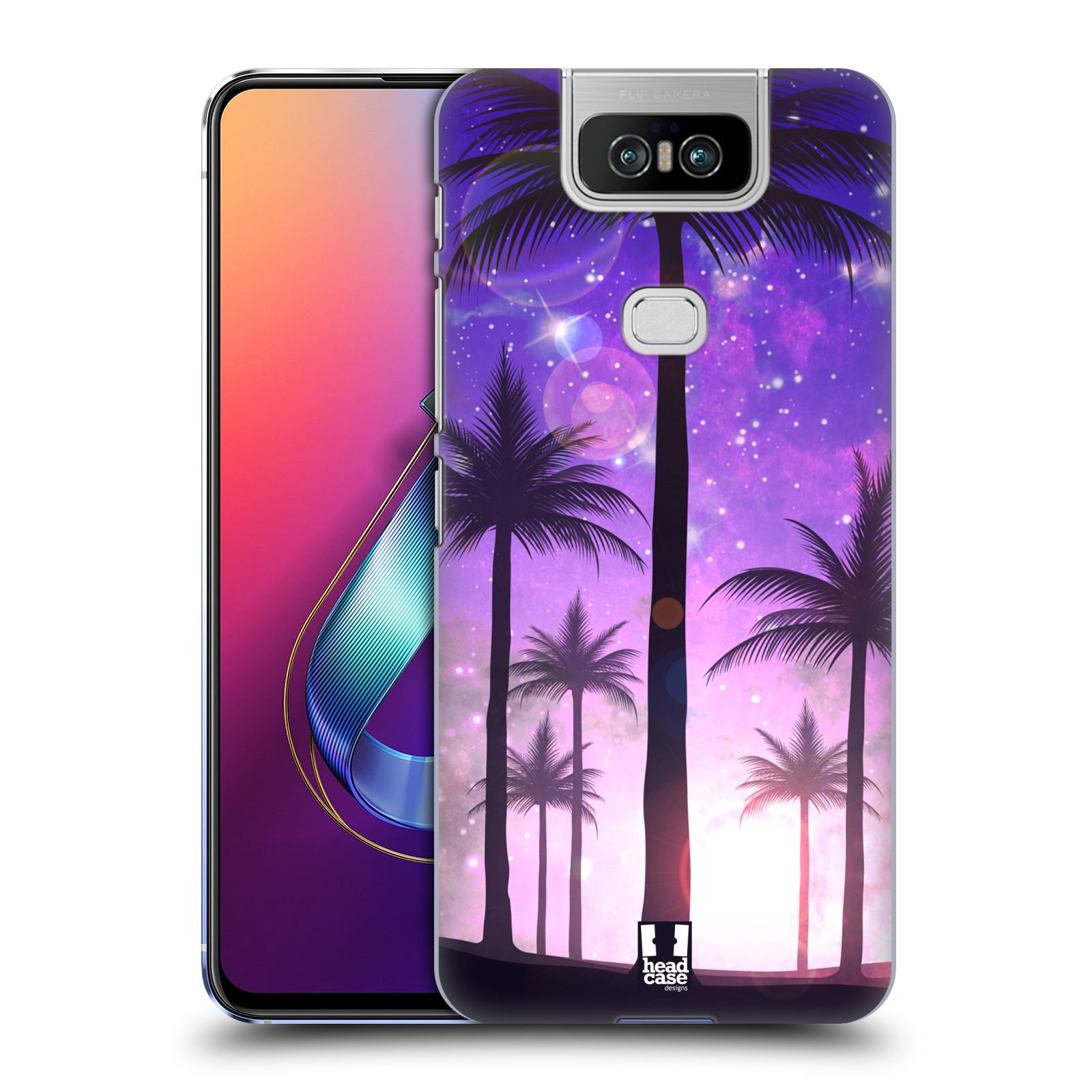 Pouzdro na mobil Asus Zenfone 6 ZS630KL - HEAD CASE - vzor Kreslený motiv silueta moře a palmy FIALOVÁ