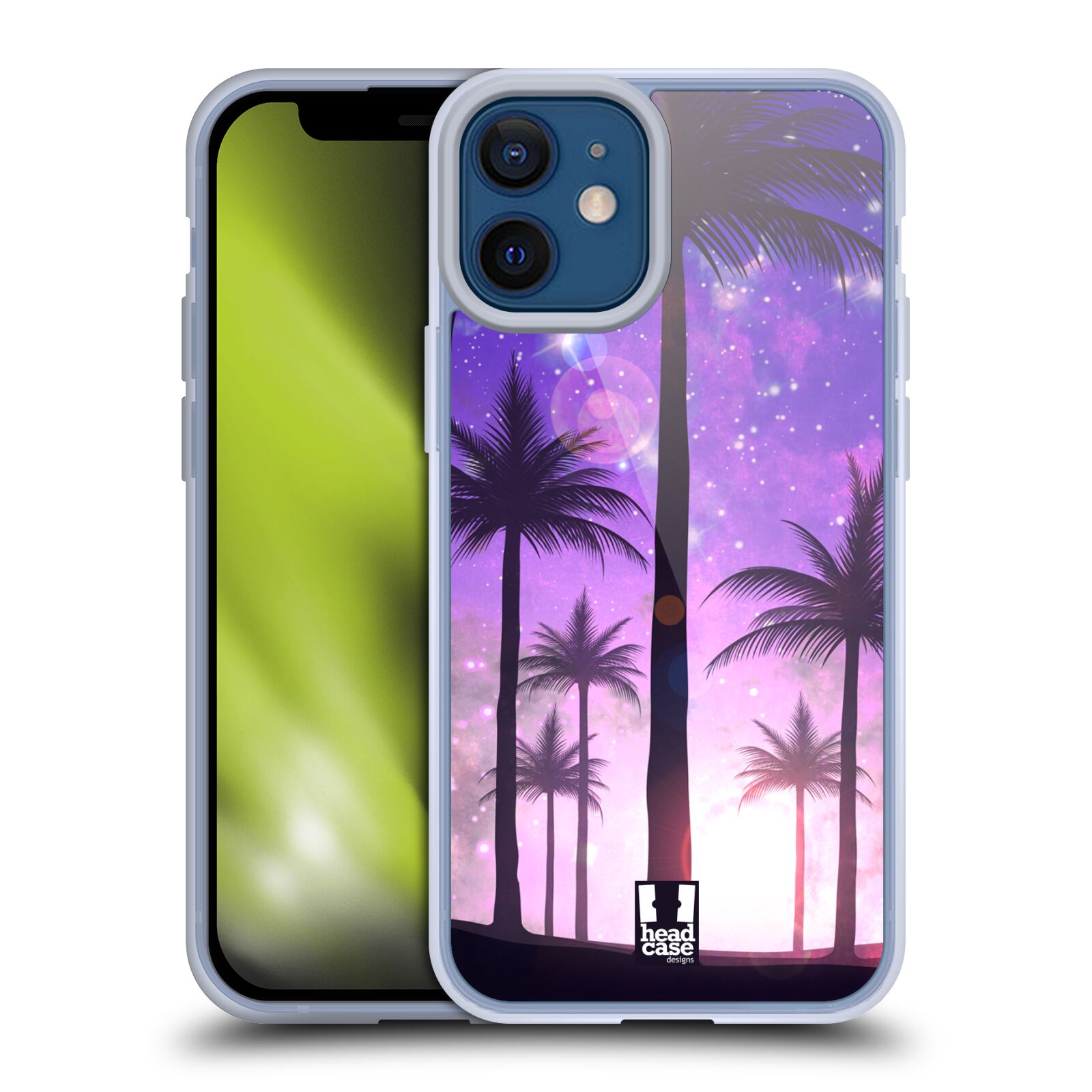 Plastový obal na mobil Apple Iphone 12 MINI vzor Kreslený motiv silueta moře a palmy FIALOVÁ