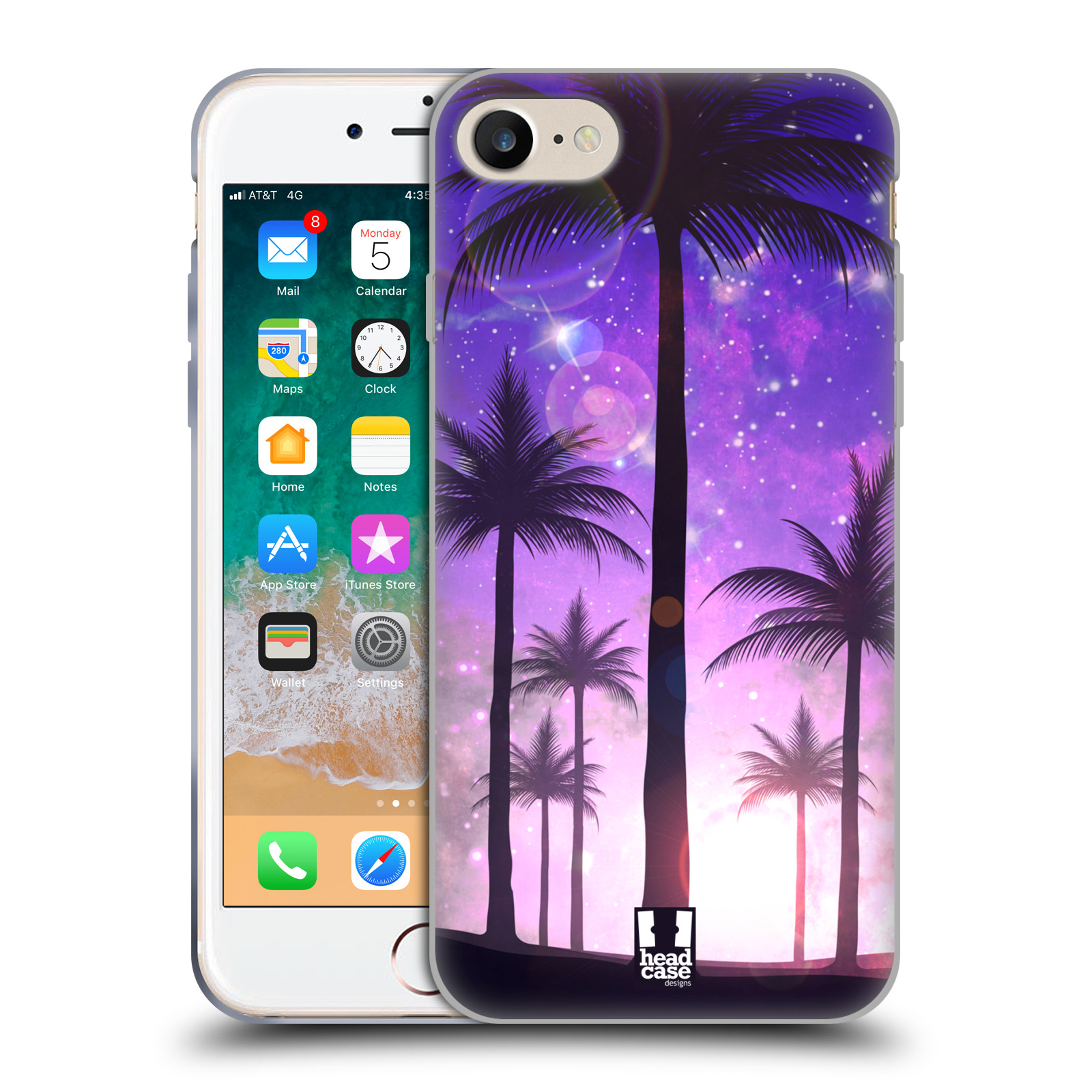 HEAD CASE silikonový obal na mobil Apple Iphone 8 vzor Kreslený motiv silueta moře a palmy FIALOVÁ