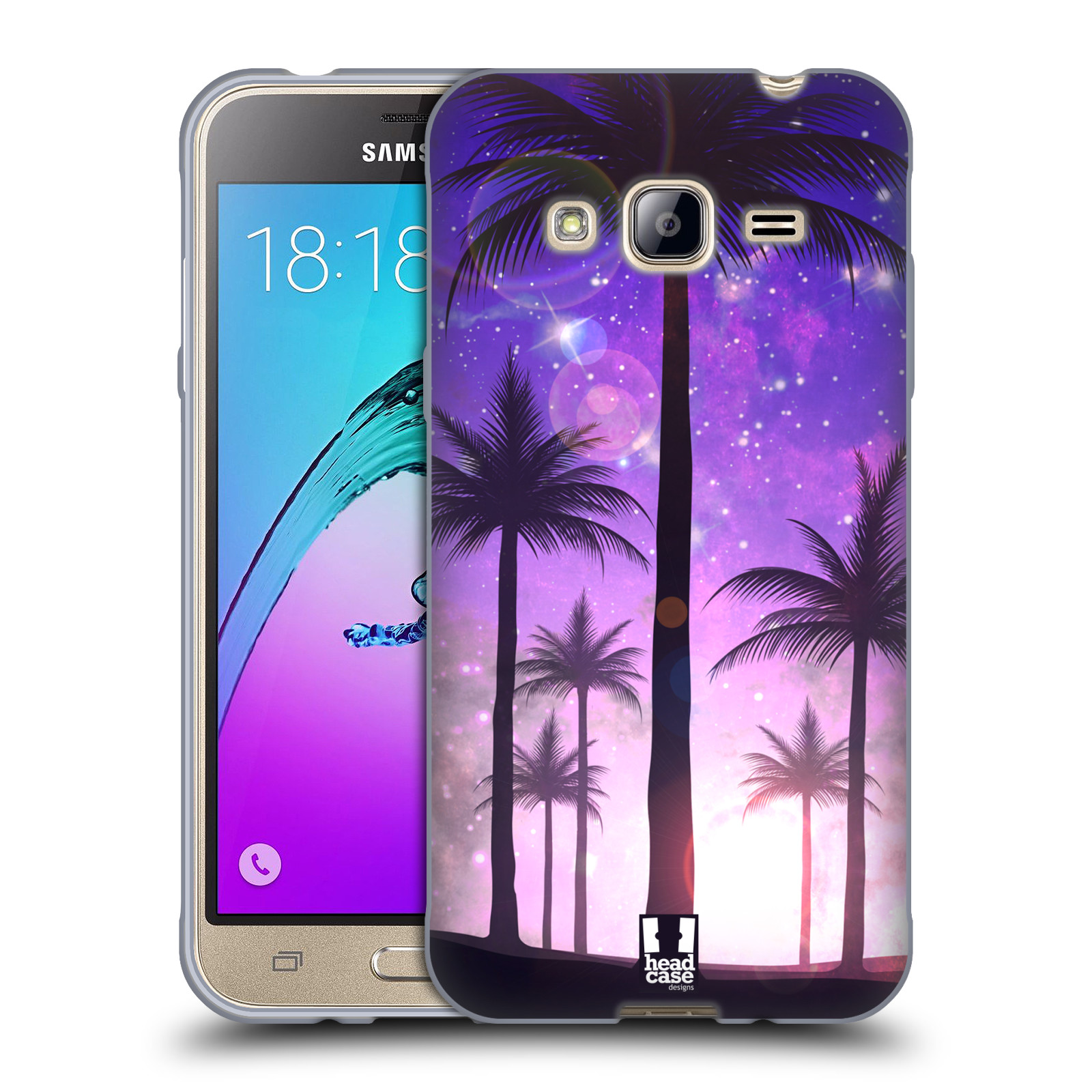 HEAD CASE silikonový obal na mobil Samsung Galaxy J3, J3 2016 vzor Kreslený motiv silueta moře a palmy FIALOVÁ
