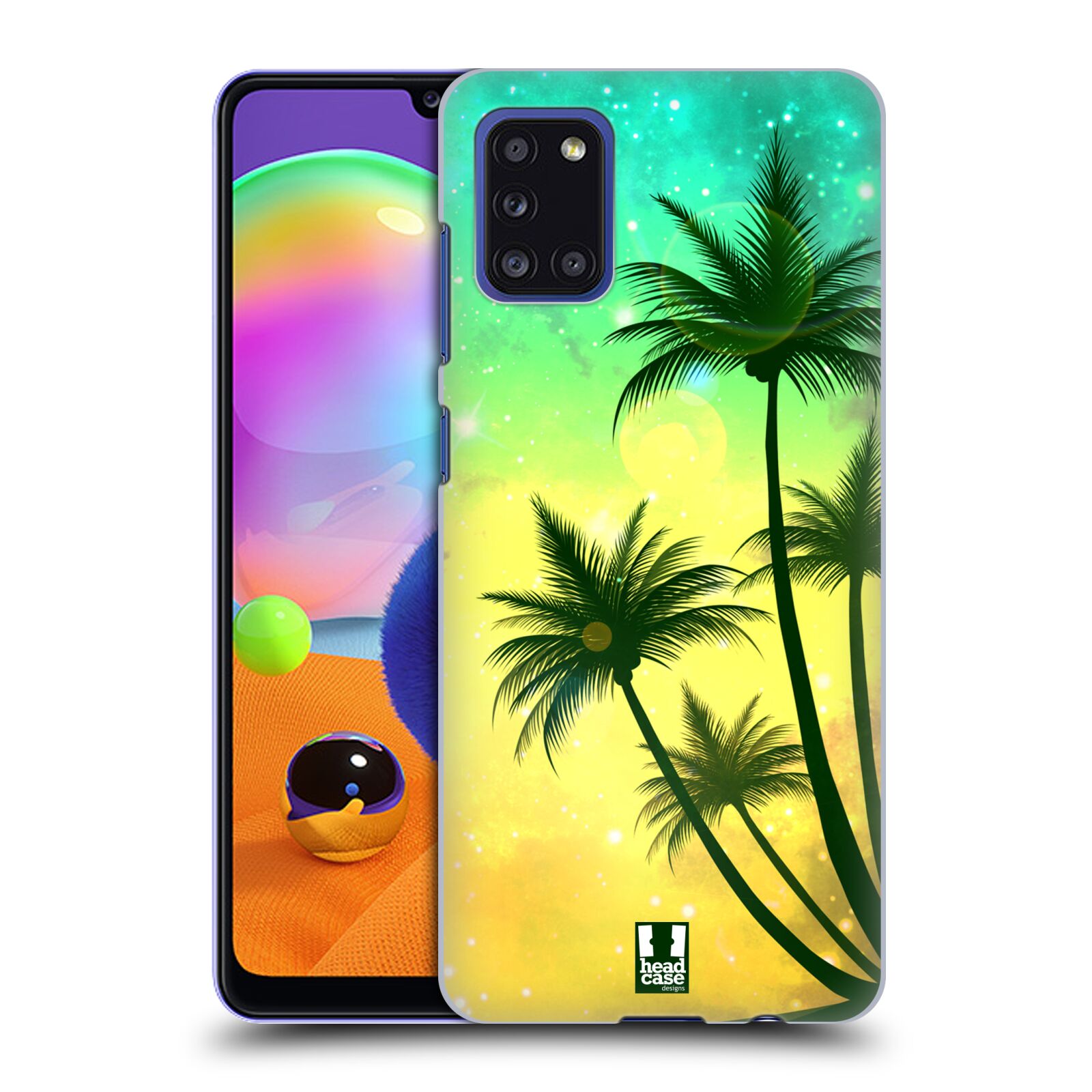 Zadní kryt na mobil Samsung Galaxy A31 vzor Kreslený motiv silueta moře a palmy TYRKYSOVÁ