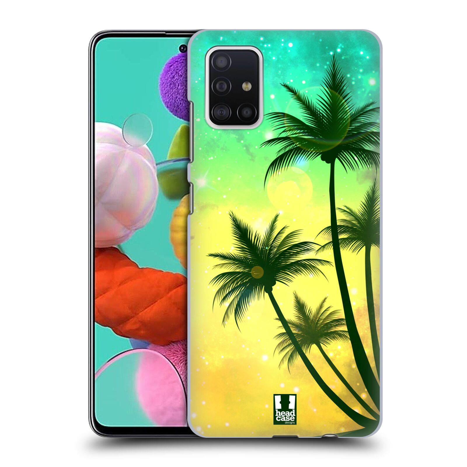 Pouzdro na mobil Samsung Galaxy A51 - HEAD CASE - vzor Kreslený motiv silueta moře a palmy TYRKYSOVÁ