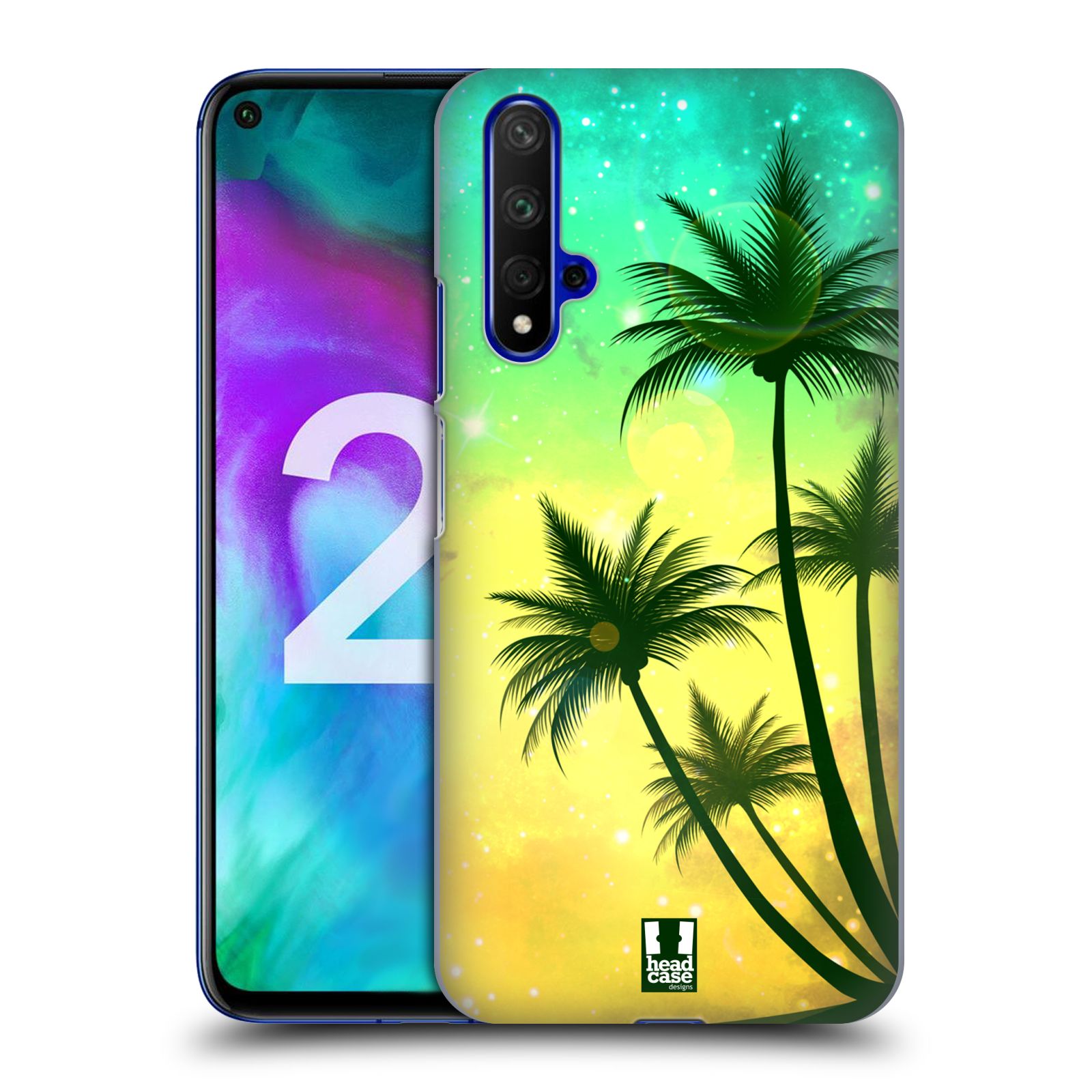 Pouzdro na mobil Honor 20 - HEAD CASE - vzor Kreslený motiv silueta moře a palmy TYRKYSOVÁ