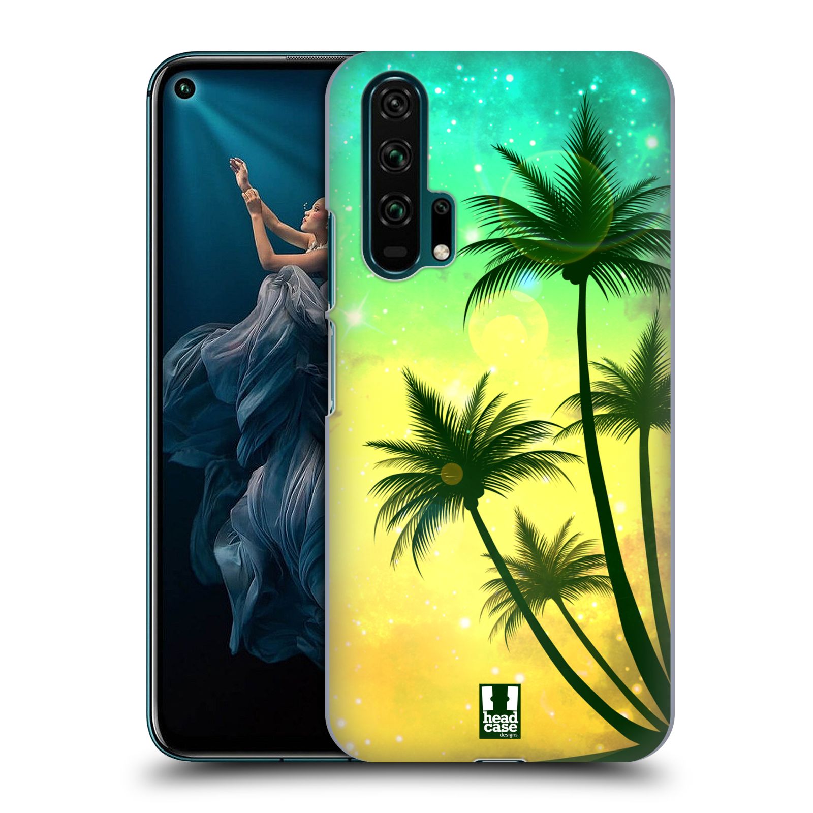 Pouzdro na mobil Honor 20 PRO - HEAD CASE - vzor Kreslený motiv silueta moře a palmy TYRKYSOVÁ