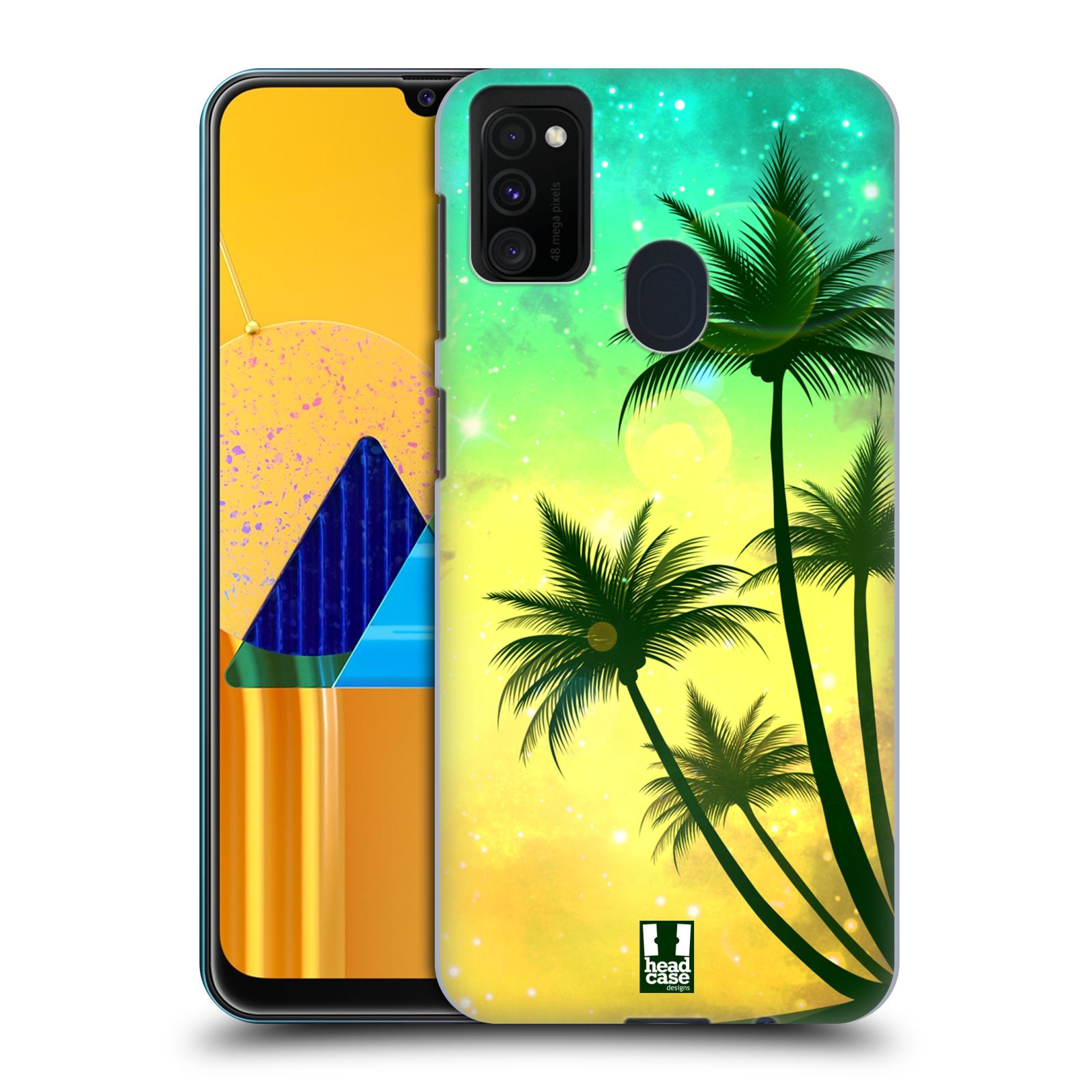 Zadní kryt na mobil Samsung Galaxy M21 vzor Kreslený motiv silueta moře a palmy TYRKYSOVÁ