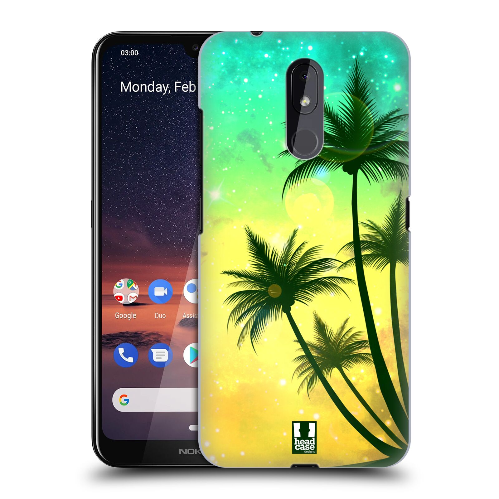 Pouzdro na mobil Nokia 3.2 - HEAD CASE - vzor Kreslený motiv silueta moře a palmy TYRKYSOVÁ