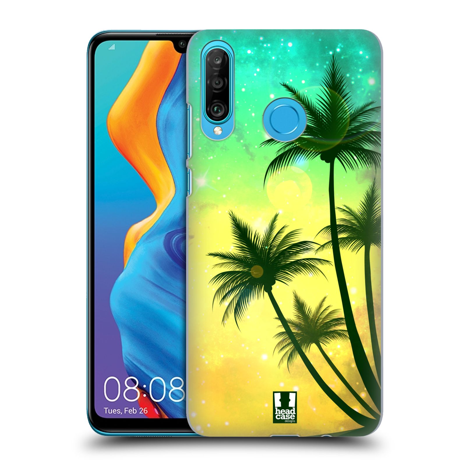 Pouzdro na mobil Huawei P30 LITE - HEAD CASE - vzor Kreslený motiv silueta moře a palmy TYRKYSOVÁ