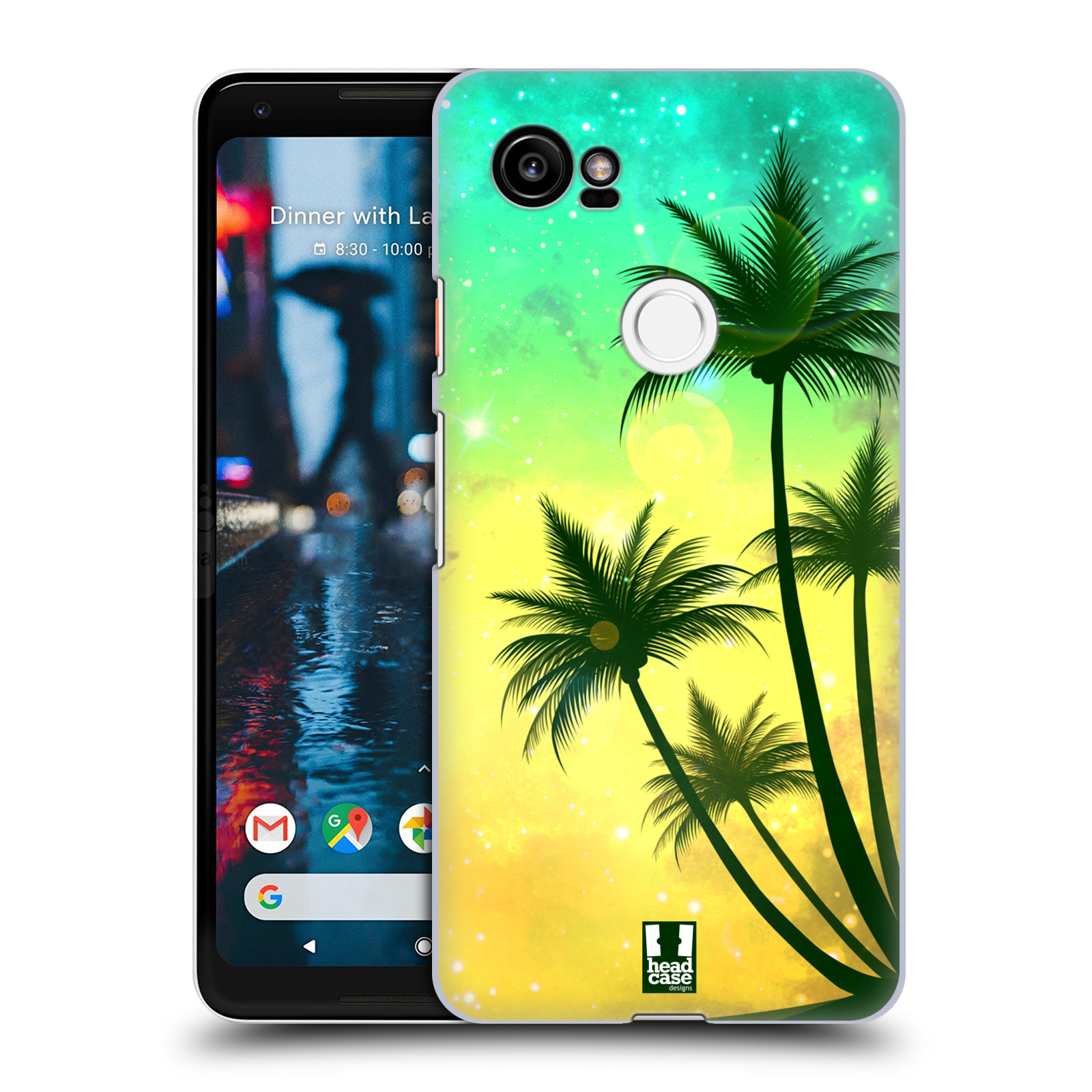 HEAD CASE plastový obal na mobil Google Pixel 2 XL vzor Kreslený motiv silueta moře a palmy TYRKYSOVÁ