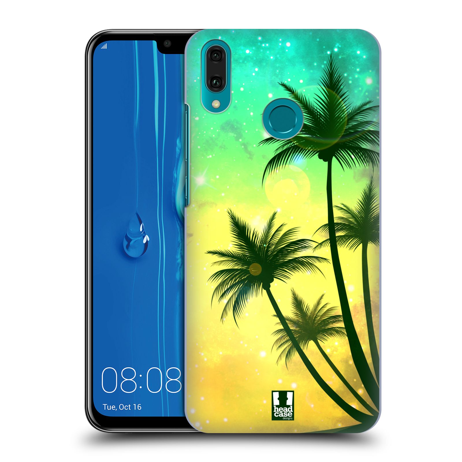 Pouzdro na mobil Huawei Y9 2019 - HEAD CASE - vzor Kreslený motiv silueta moře a palmy TYRKYSOVÁ