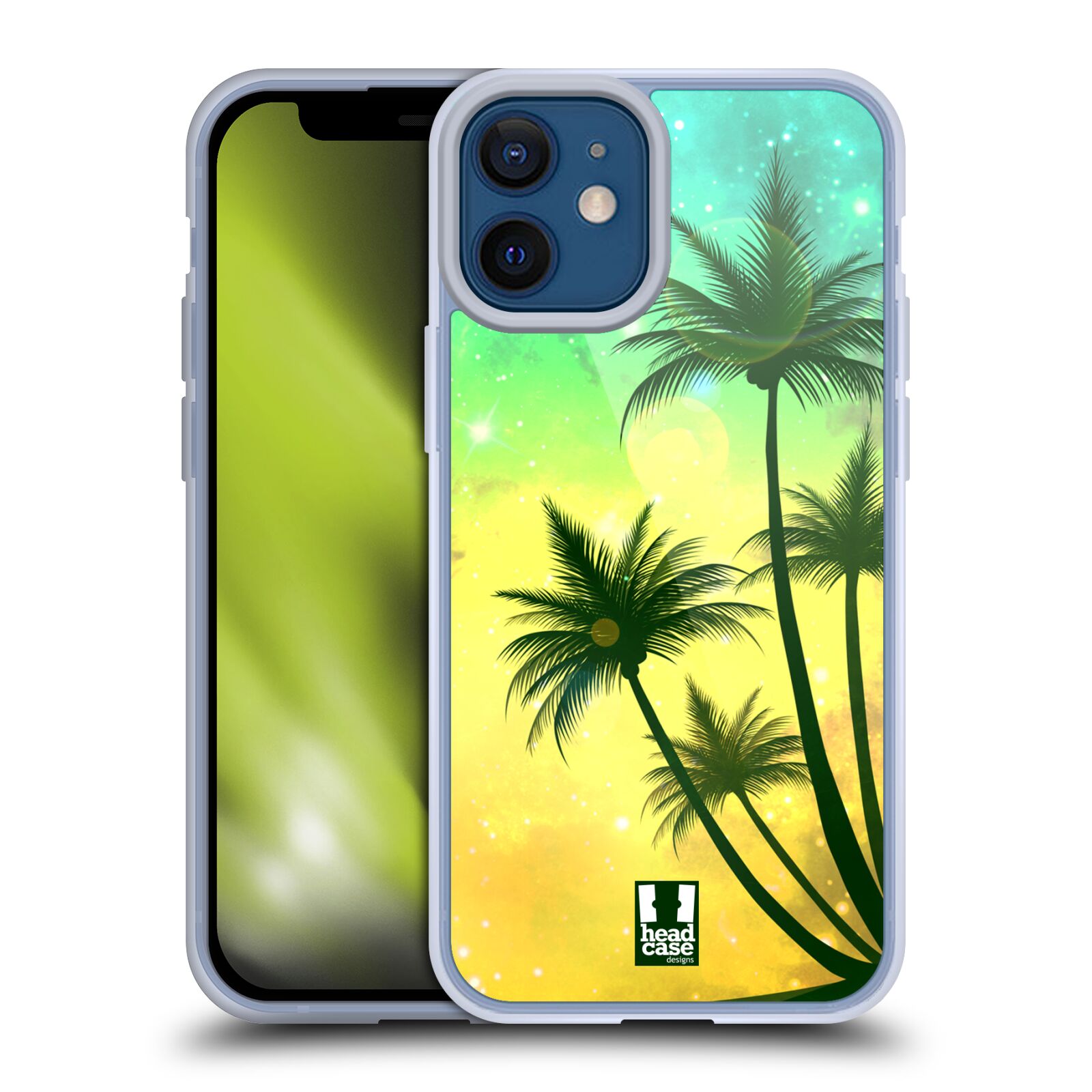 Plastový obal na mobil Apple Iphone 12 MINI vzor Kreslený motiv silueta moře a palmy TYRKYSOVÁ