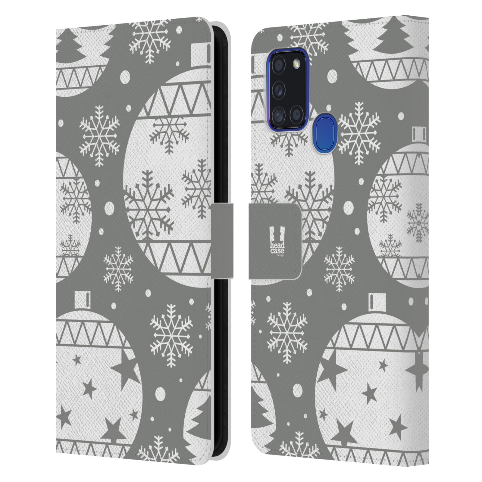 HEAD CASE Flipové pouzdro pro mobil Samsung Galaxy A21s stříbrné vzory vánoční ozdoby