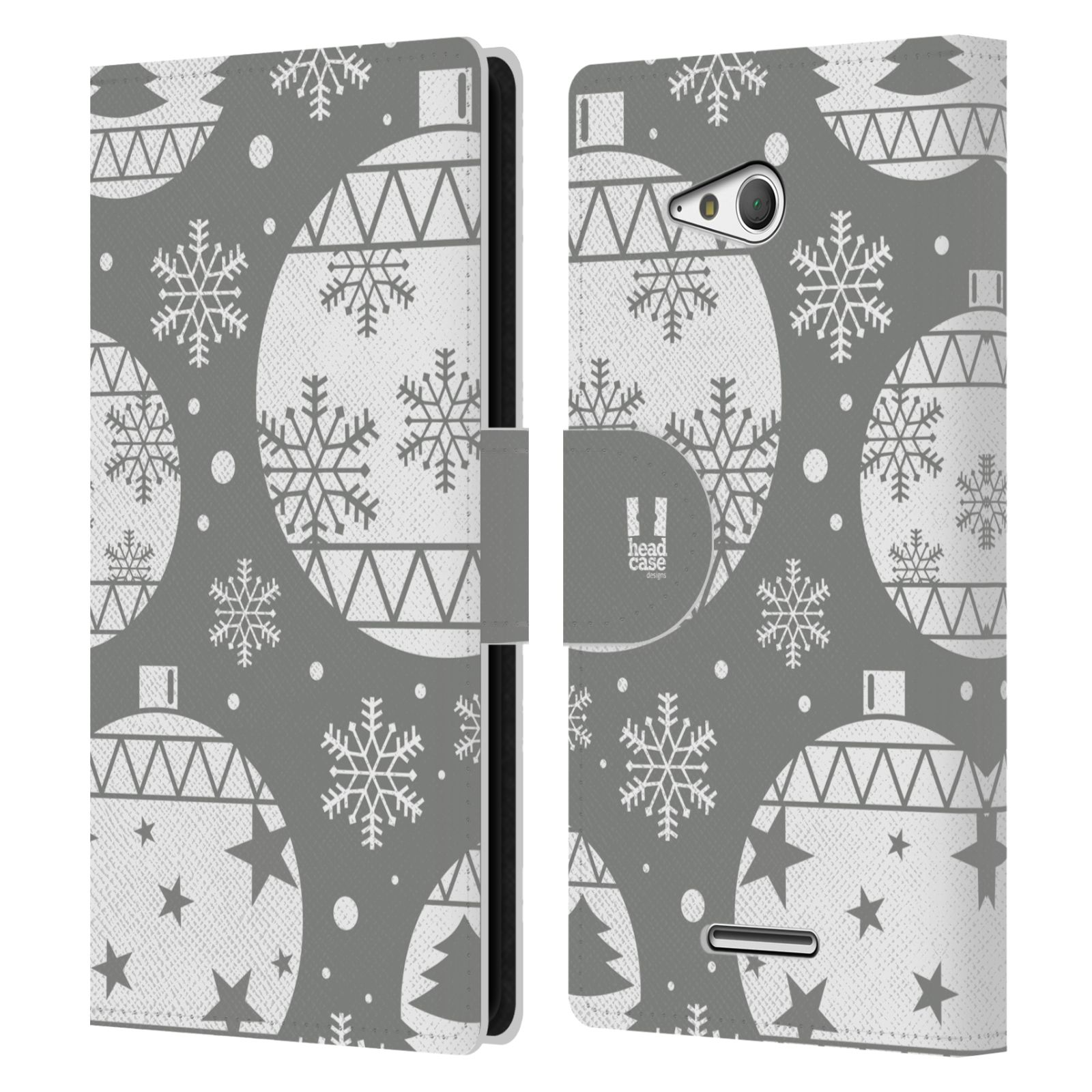 HEAD CASE Flipové pouzdro pro mobil SONY XPERIA E4g stříbrné vzory vánoční ozdoby