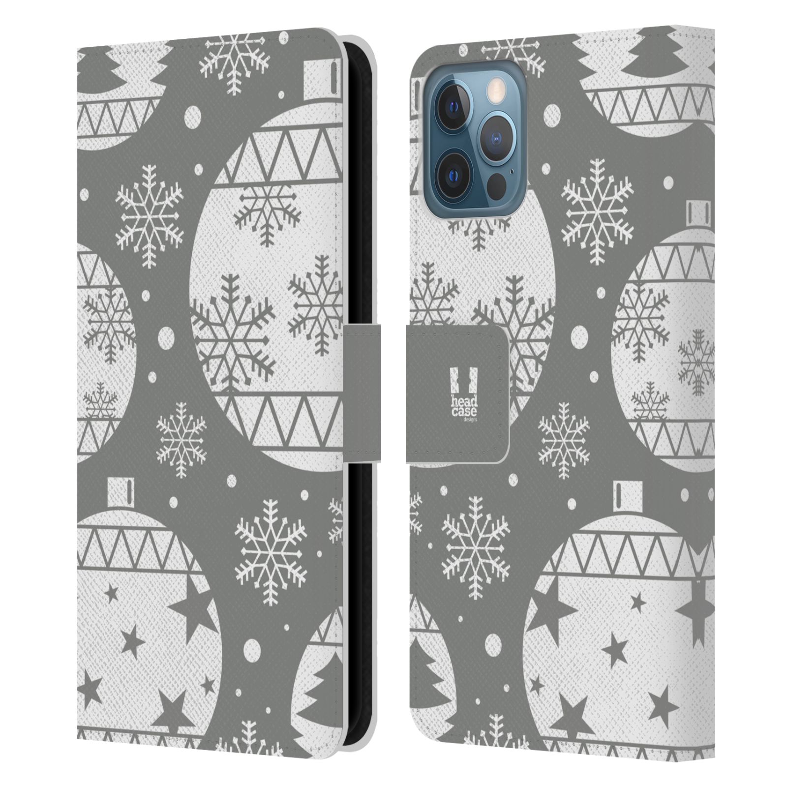 HEAD CASE Flipové pouzdro pro mobil Apple Iphone 12 / Iphone 12 PRO stříbrné vzory vánoční ozdoby