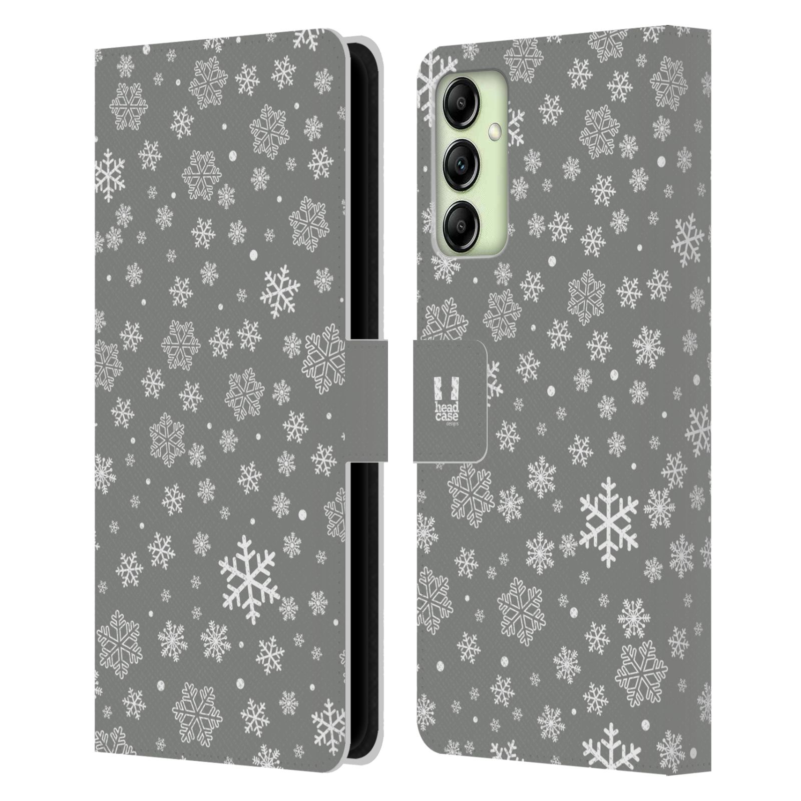 Pouzdro HEAD CASE na mobil Samsung Galaxy A14 stříbrné vzory sněžná vločka