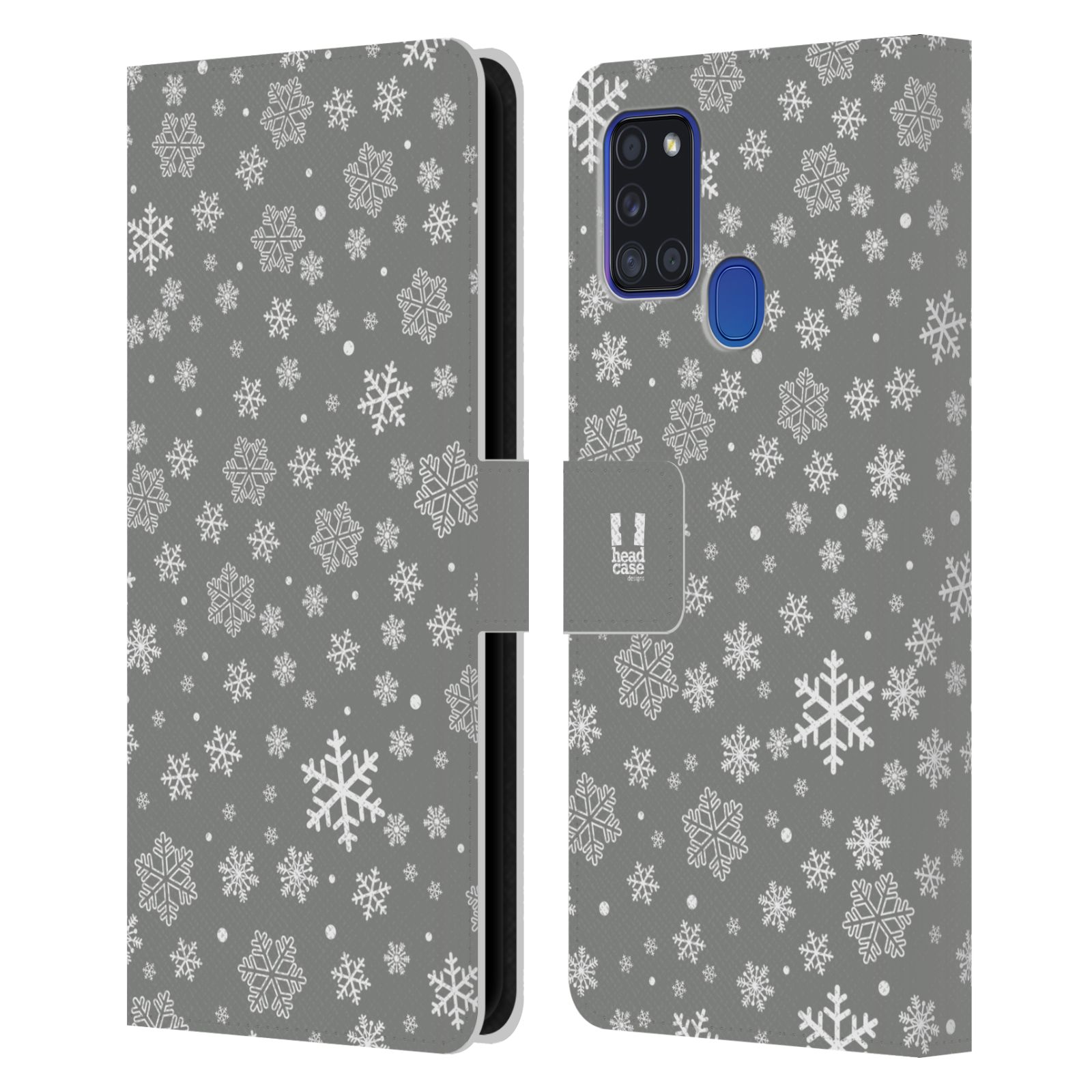 HEAD CASE Flipové pouzdro pro mobil Samsung Galaxy A21s stříbrné vzory sněžná vločka