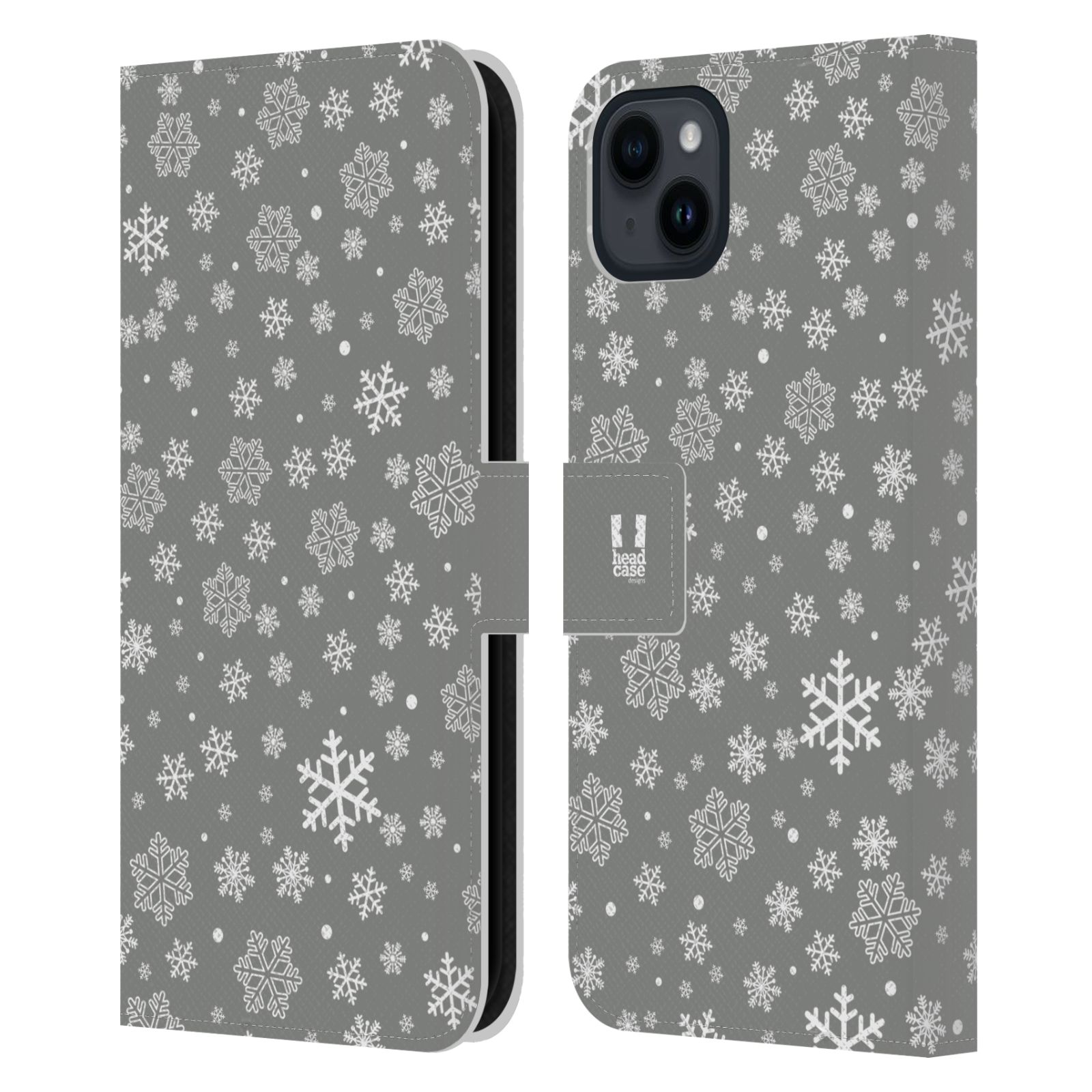 Pouzdro HEAD CASE na mobil Apple Iphone 15 PLUS stříbrné vzory sněžná vločka