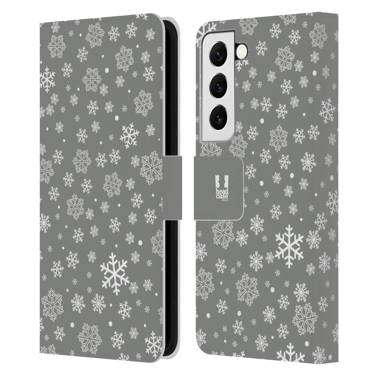 Pouzdro HEAD CASE na mobil Samsung Galaxy S22 / S22 5G stříbrné vzory sněžná vločka