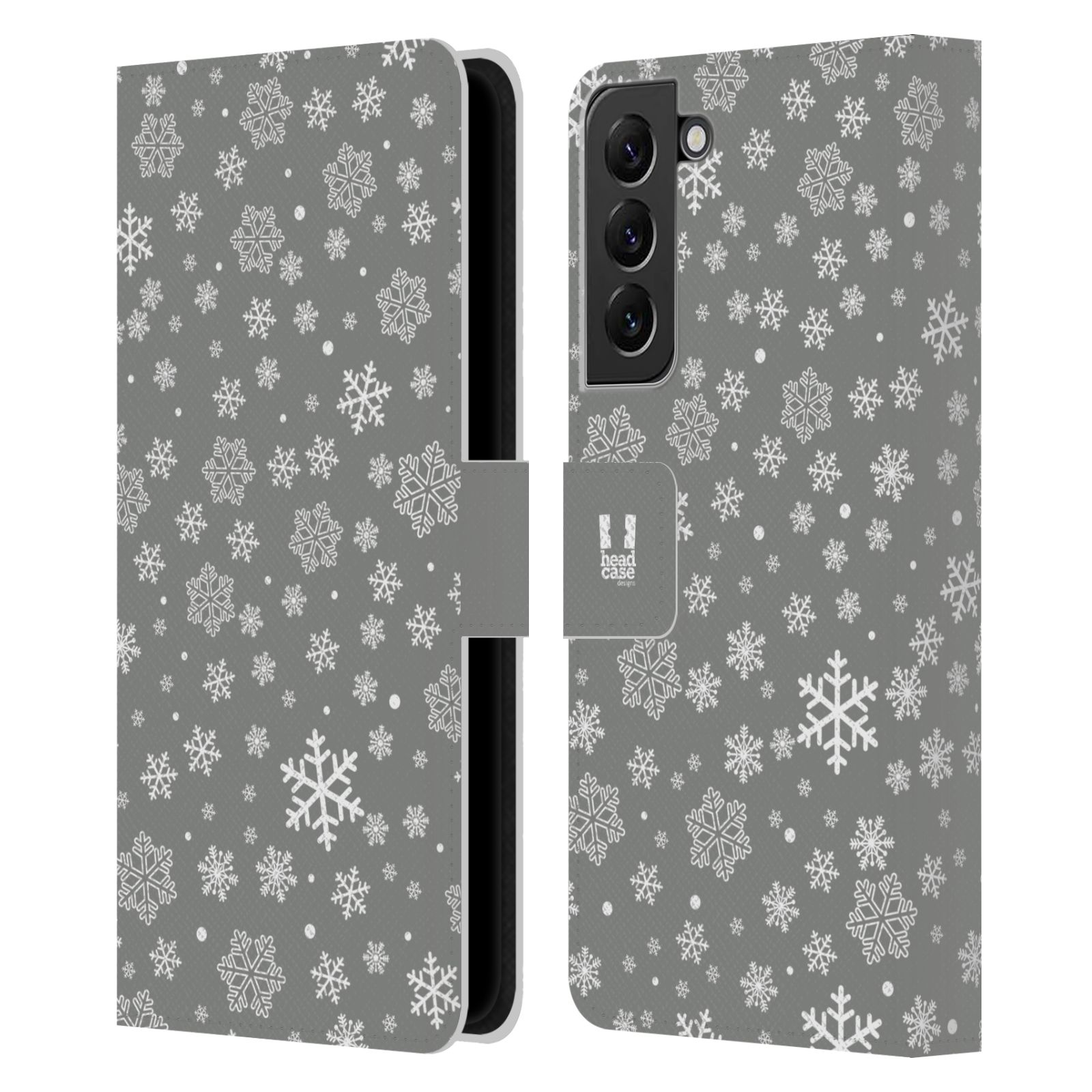 Pouzdro HEAD CASE na mobil Samsung Galaxy S22+ / S22+ 5G stříbrné vzory sněžná vločka