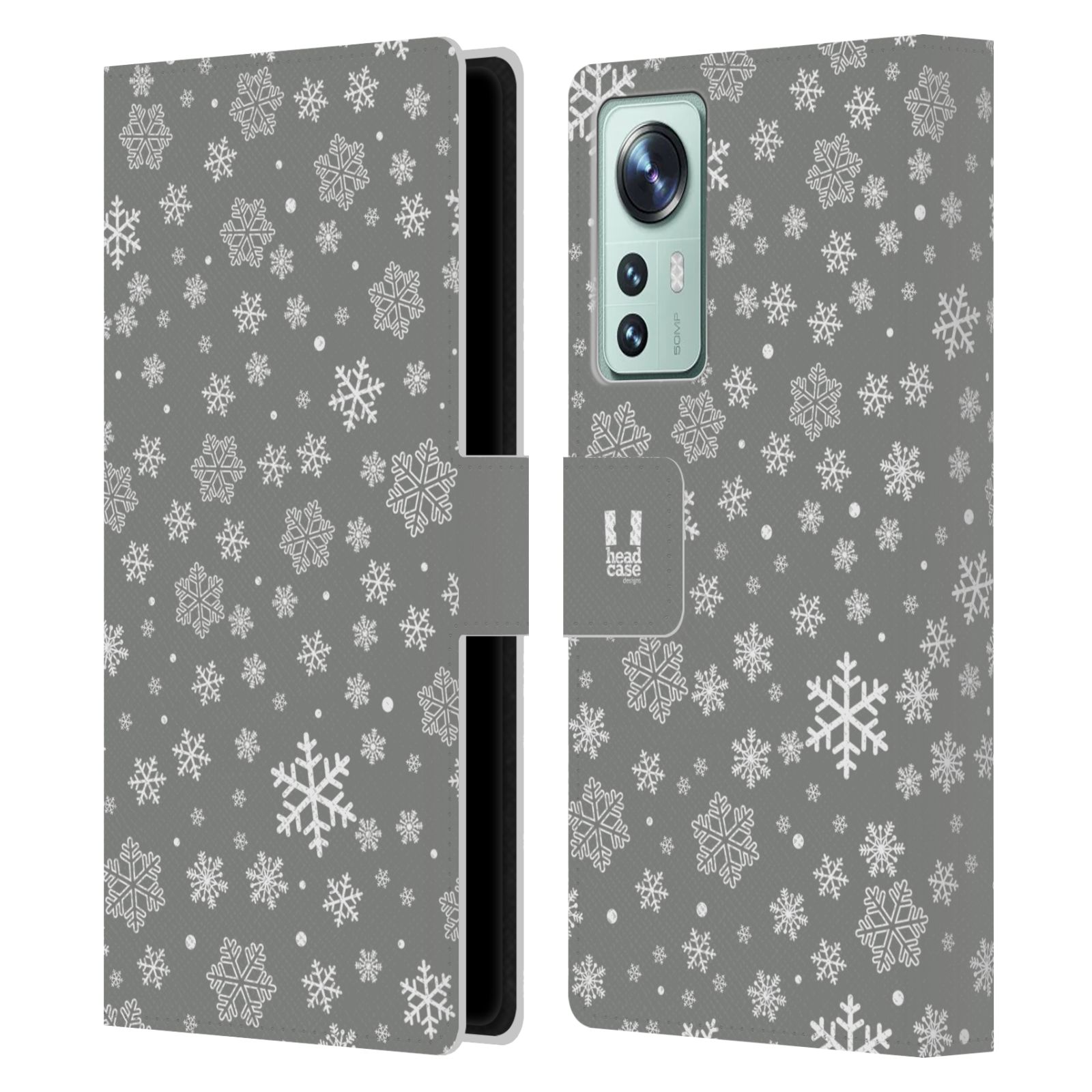 Pouzdro HEAD CASE na mobil Xiaomi 12 stříbrné vzory sněžná vločka