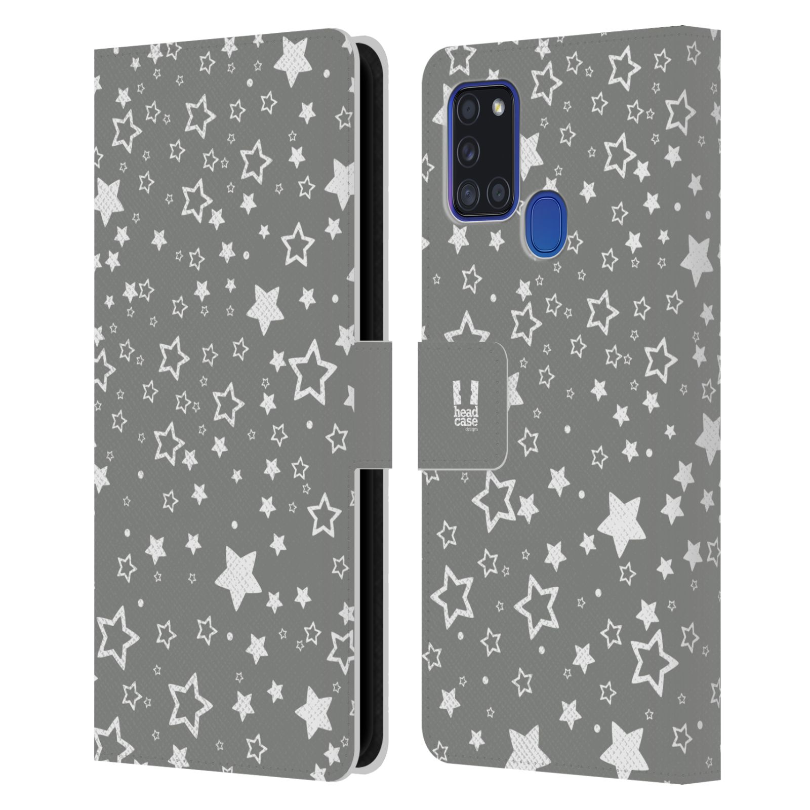 HEAD CASE Flipové pouzdro pro mobil Samsung Galaxy A21s stříbrné vzory hvezdičky