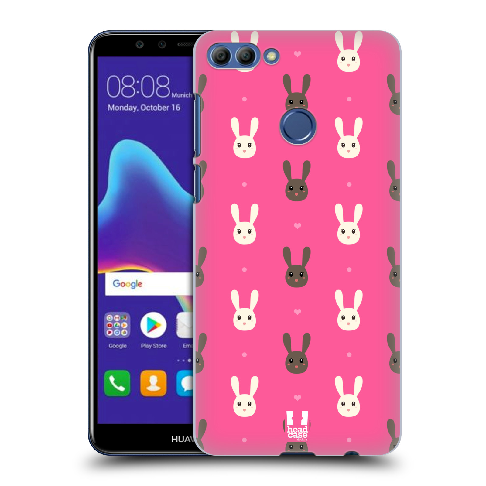 HEAD CASE plastový obal na mobil Huawei Y9 2018 vzor Barevní zajíčci RŮŽOVÁ hnědý a bílý králíček