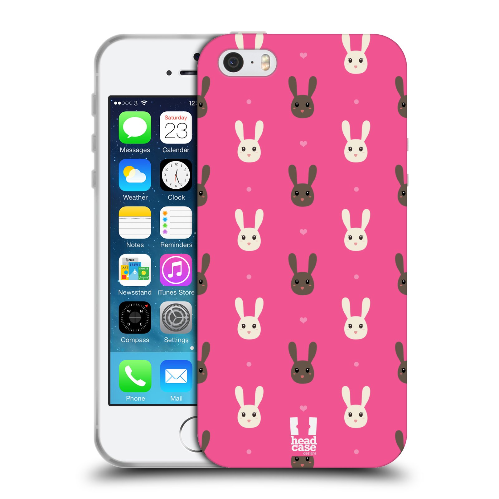 HEAD CASE silikonový obal na mobil Apple Iphone 5/5S vzor Barevní zajíčci RŮŽOVÁ hnědý a bílý králíček