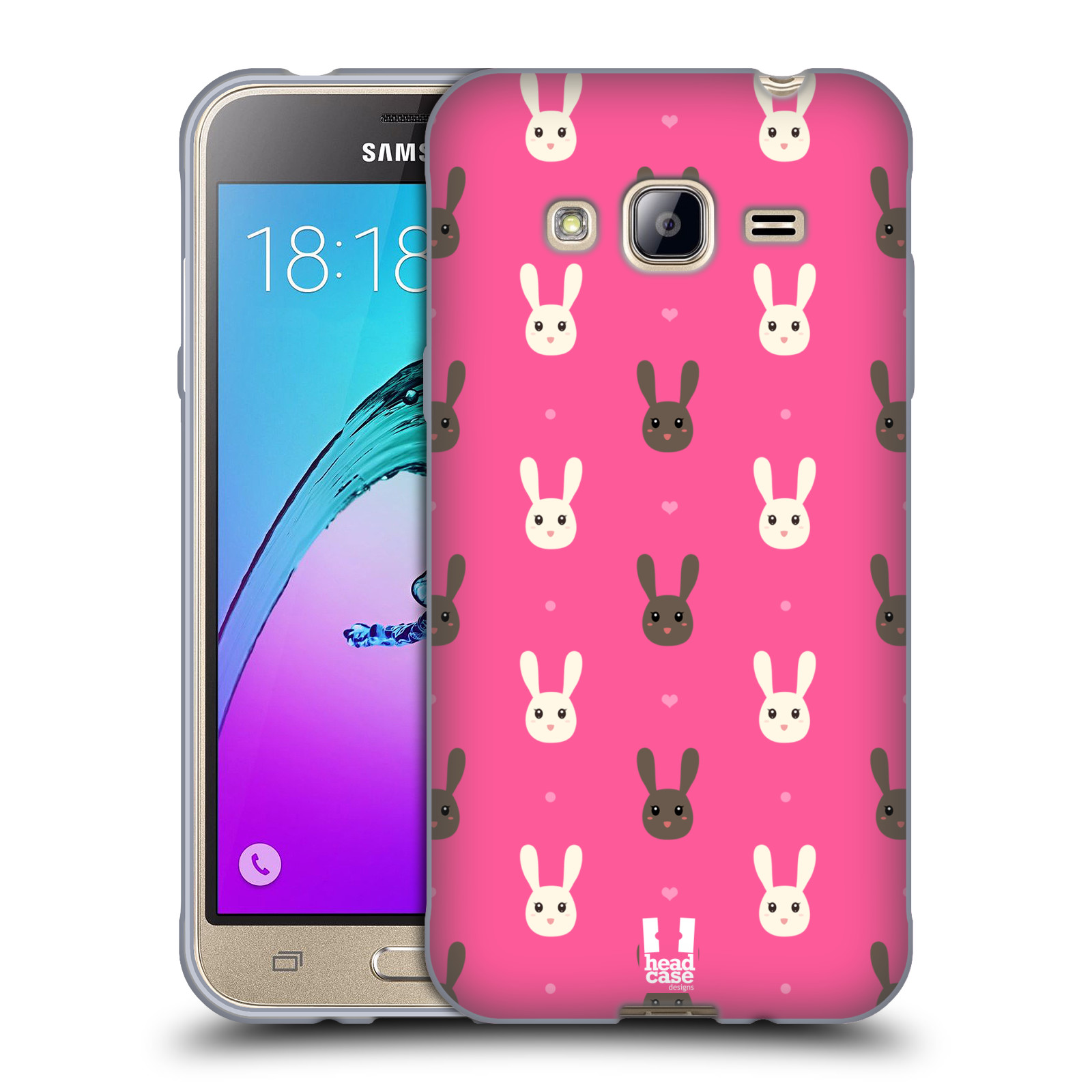HEAD CASE silikonový obal na mobil Samsung Galaxy J3, J3 2016 vzor Barevní zajíčci RŮŽOVÁ hnědý a bílý králíček