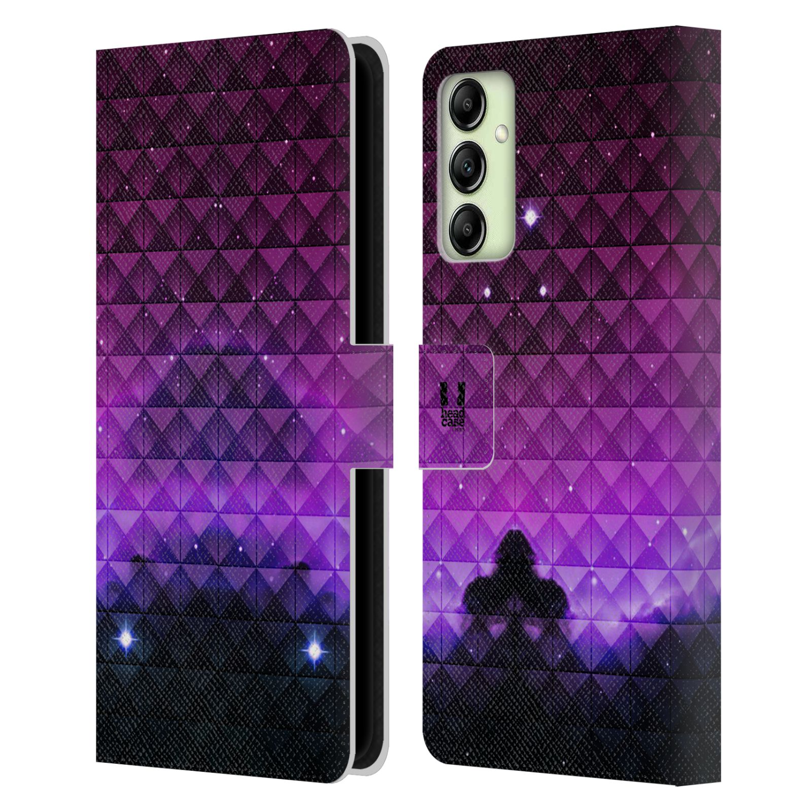 Pouzdro HEAD CASE na mobil Samsung Galaxy A14 barevná vesmírná mlhovina fialová a černá